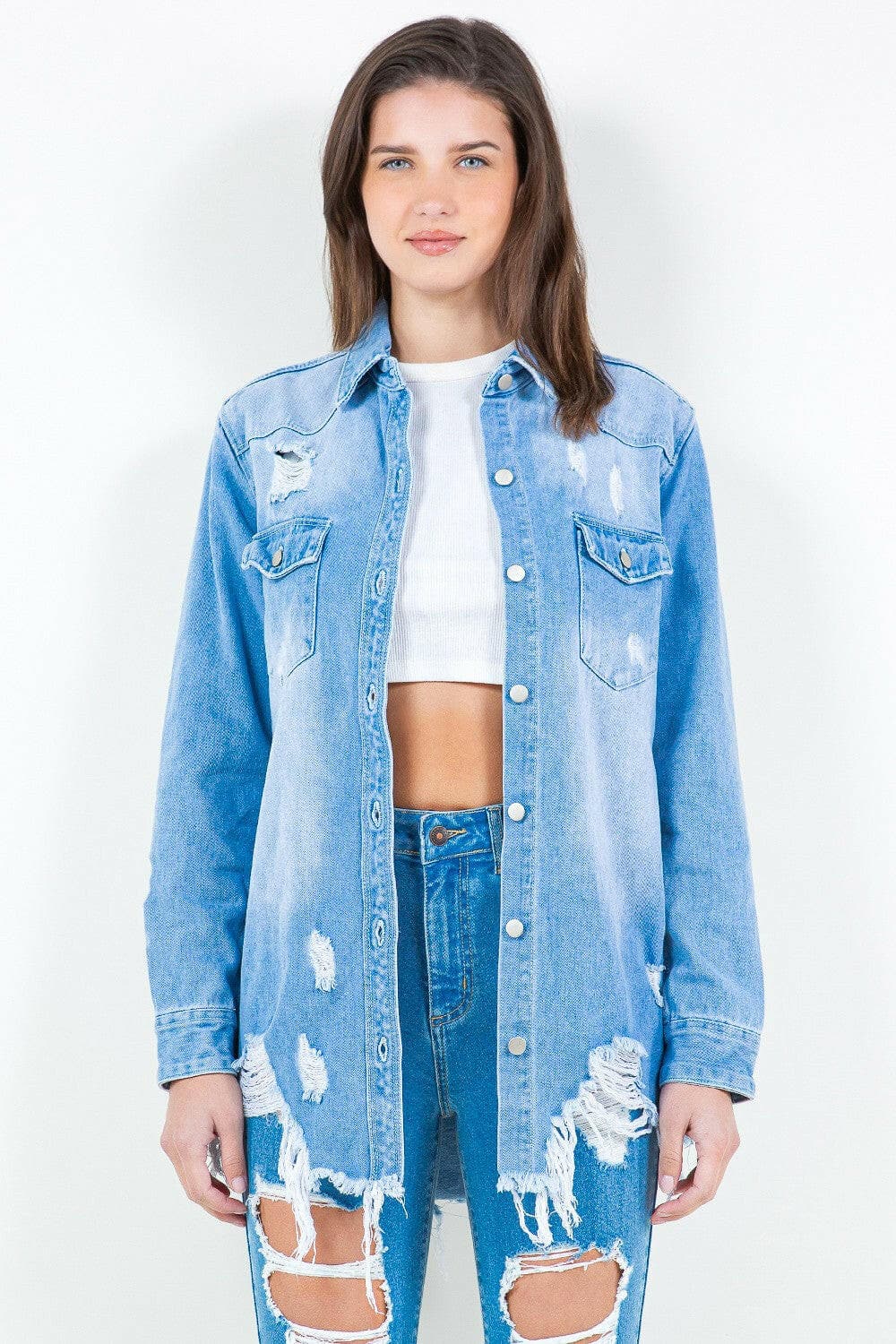 American Bazi Frayed Hem Distressed Denim Shirt Jacket.