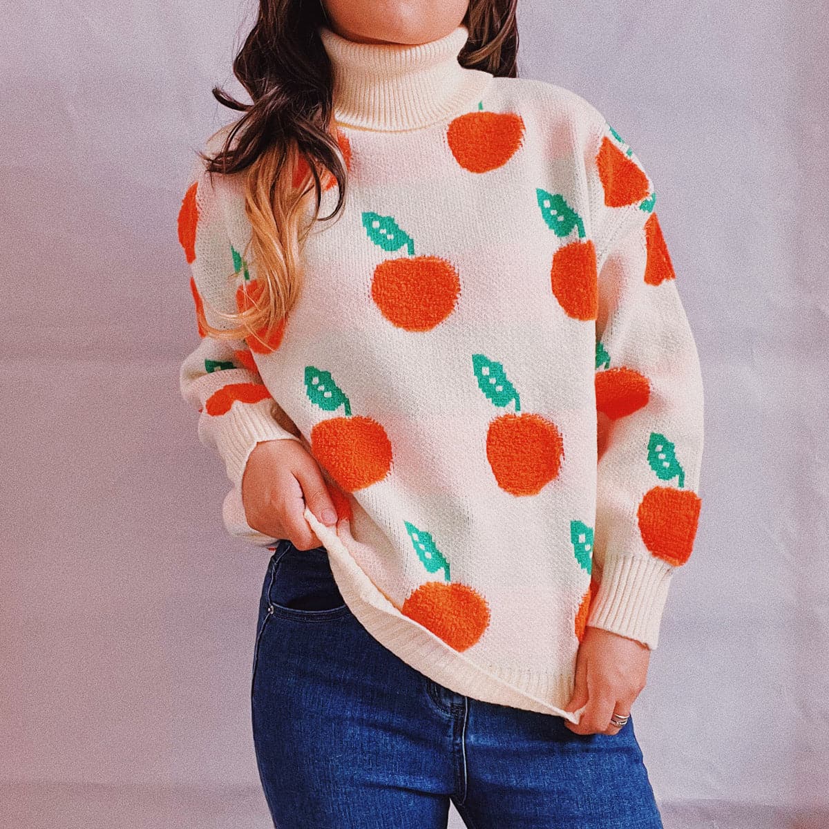 Fruit Pattern Turtleneck Dropped Sweater.