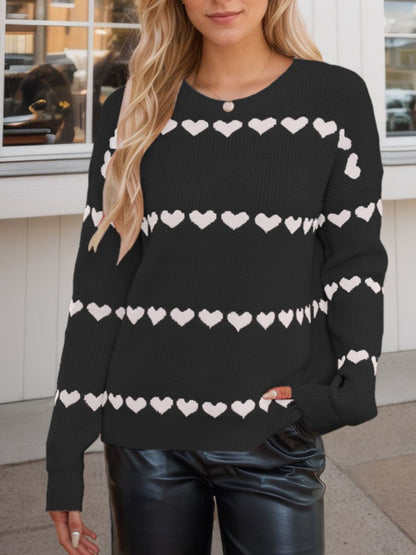 Cozy heart-patterned long sleeve sweater