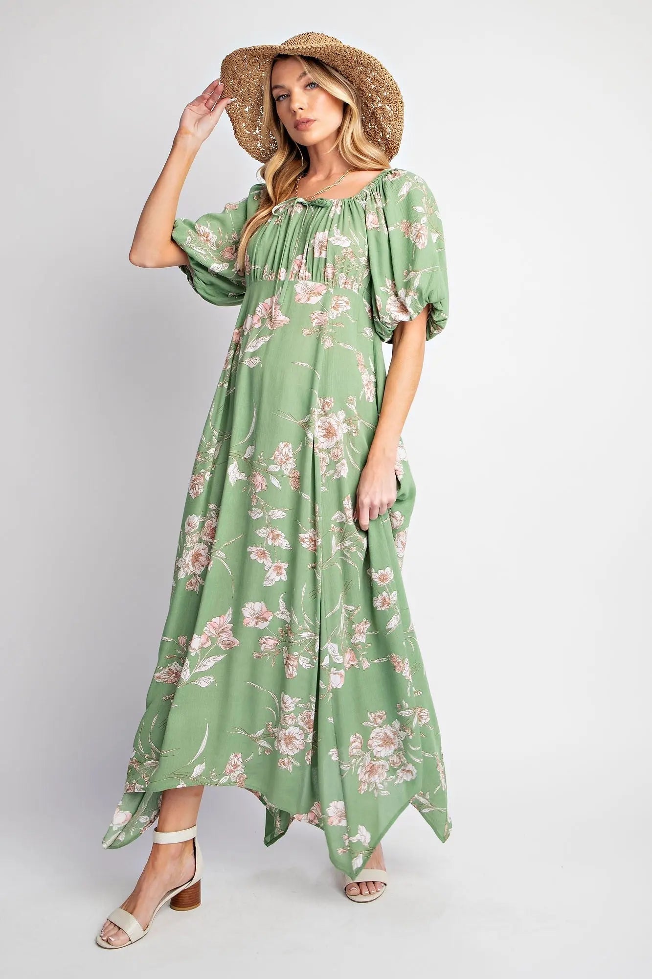 Light Olive Floral Puff Sleeve Maxi Dress PinkBlush