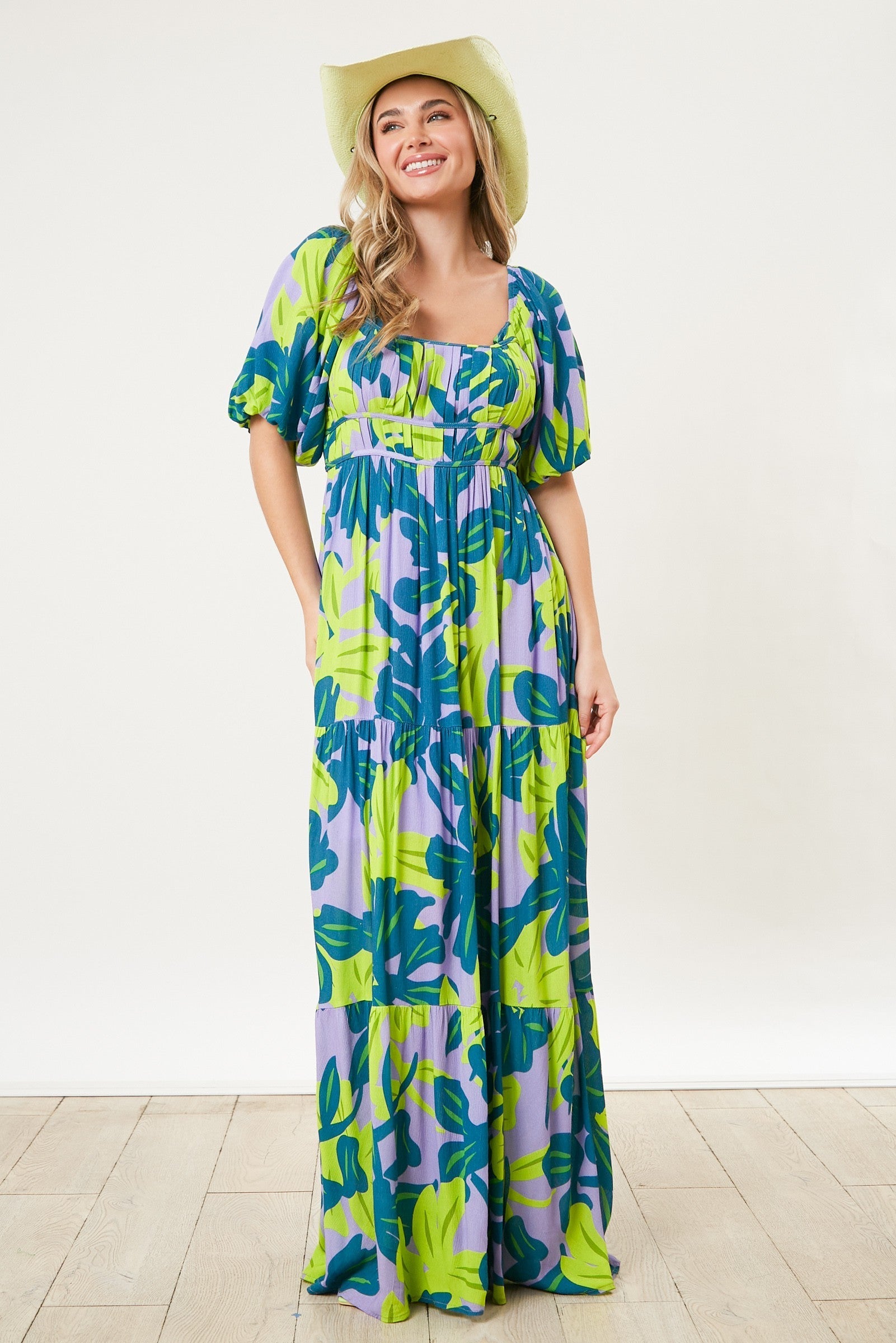 Teal Leaf Print Printed Puff Sleeve Maxi Dress PinkBlush