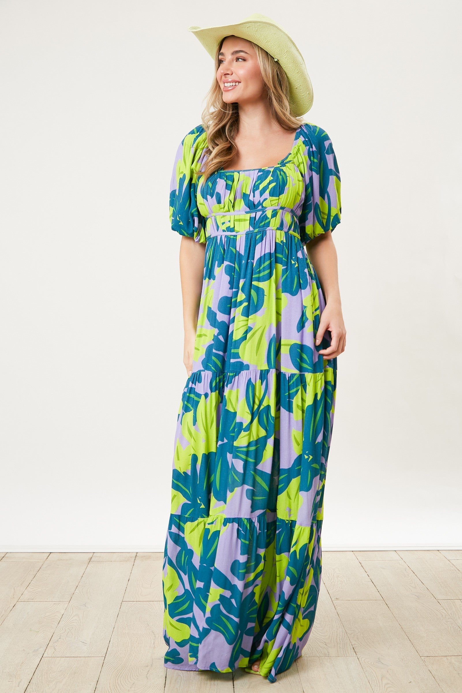 Teal Leaf Print Printed Puff Sleeve Maxi Dress PinkBlush