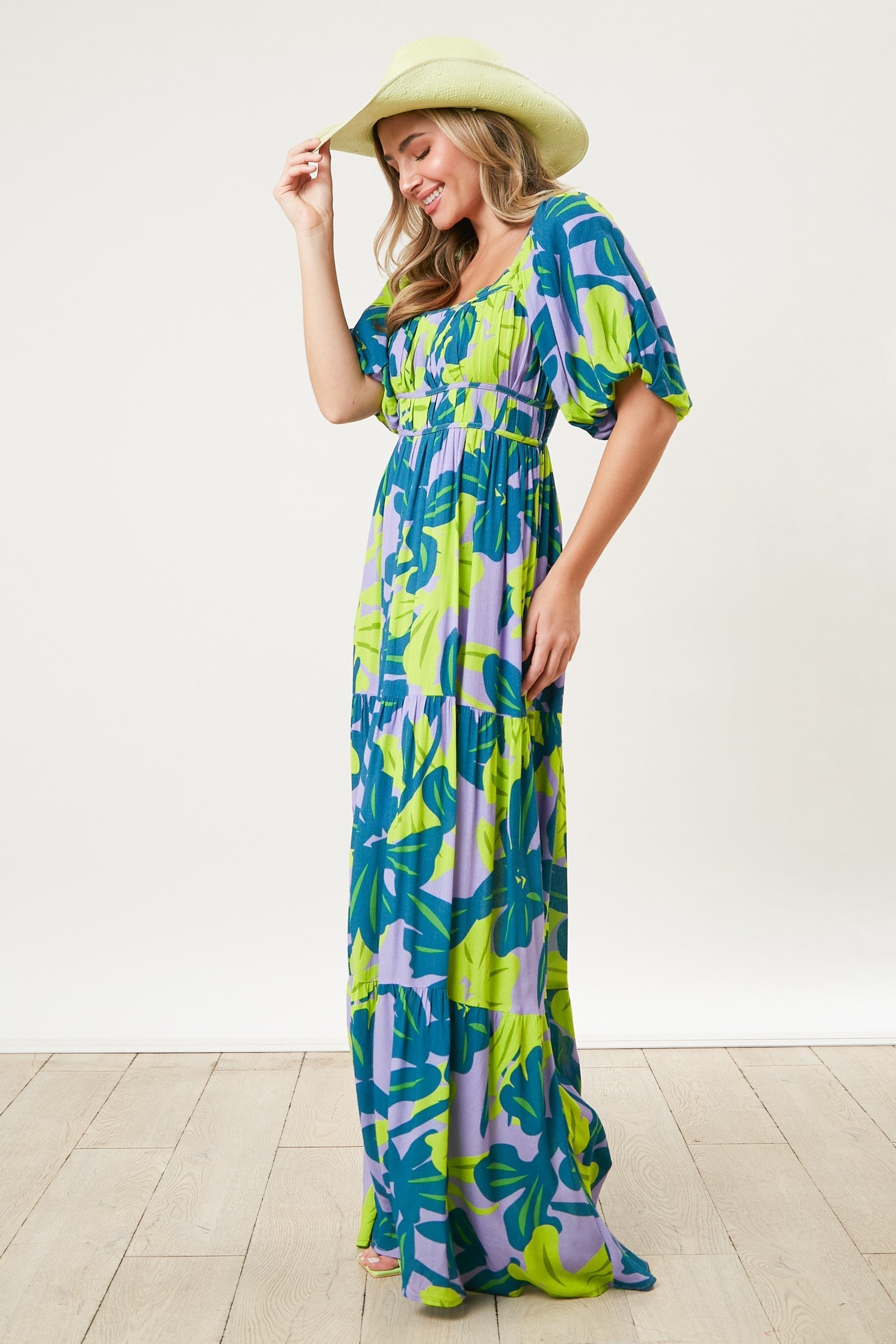 Teal Leaf Print Printed Puff Sleeve Maxi Dress PinkBlush