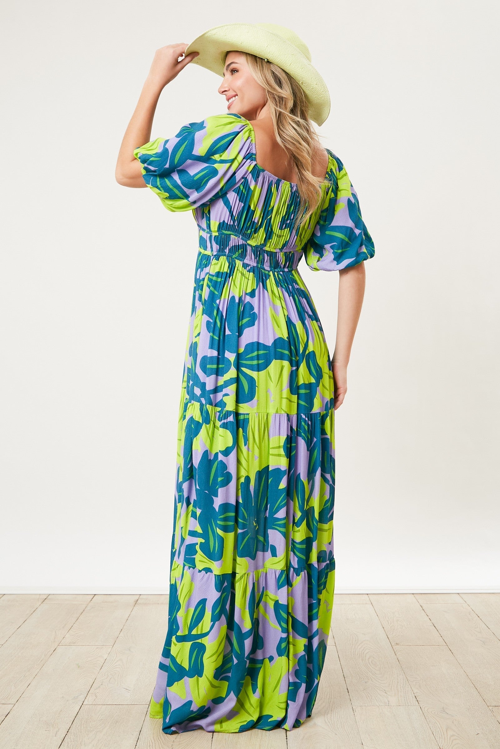 Teal Leaf Print Printed Puff Sleeve Maxi Dress PinkBlush