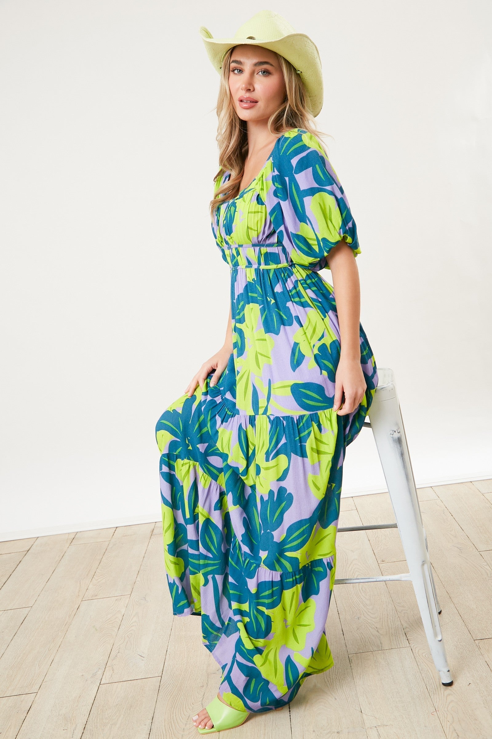 Teal Leaf Print Printed Puff Sleeve Maxi Dress PinkBlush