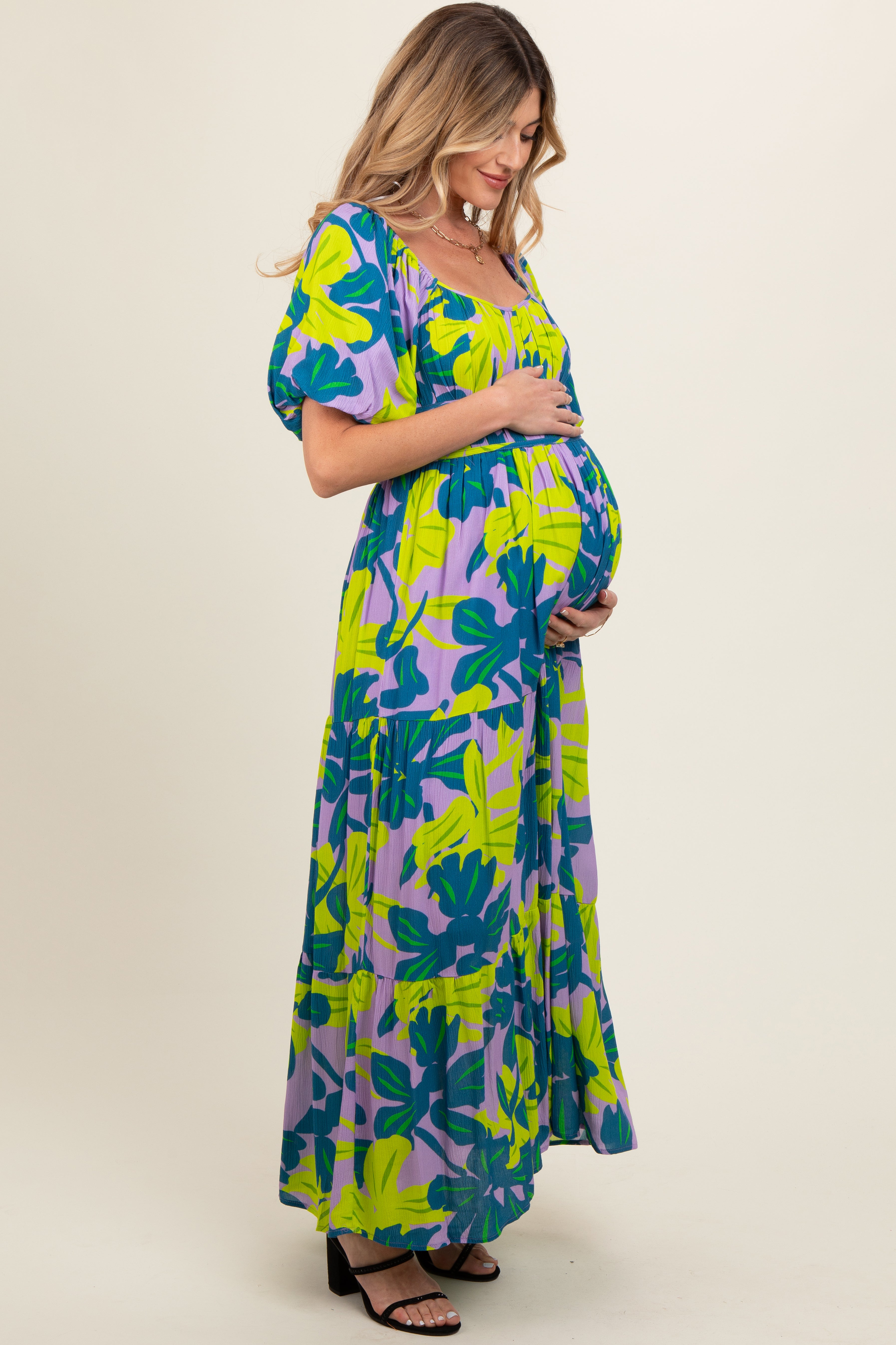 Teal Leaf Print Printed Puff Sleeve Maternity Maxi Dress PinkBlush
