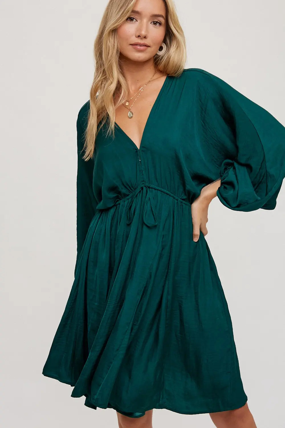 Hunter Green Satin Open-Back Dolman Sleeved Dress PinkBlush