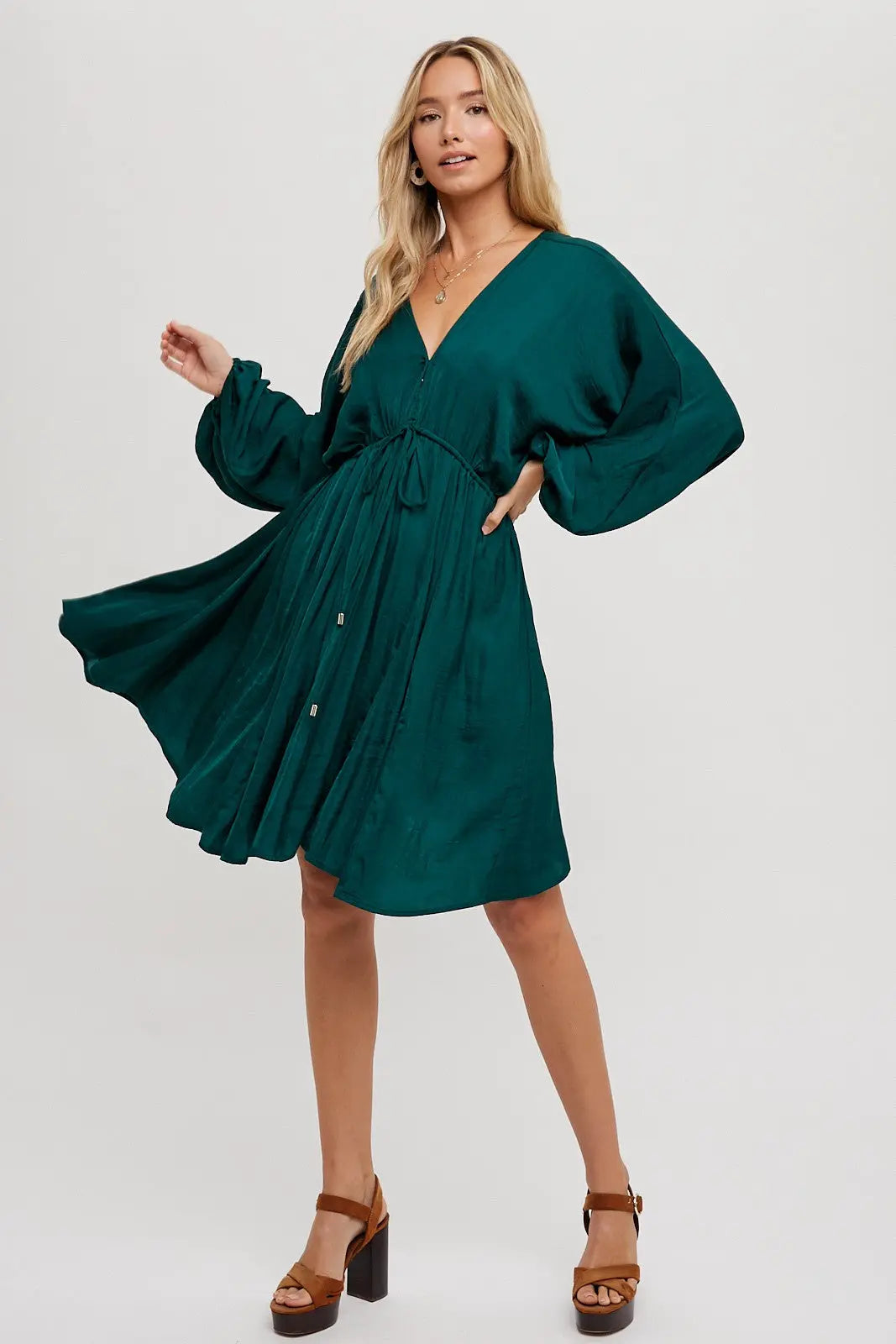 Hunter Green Satin Open-Back Dolman Sleeved Dress PinkBlush