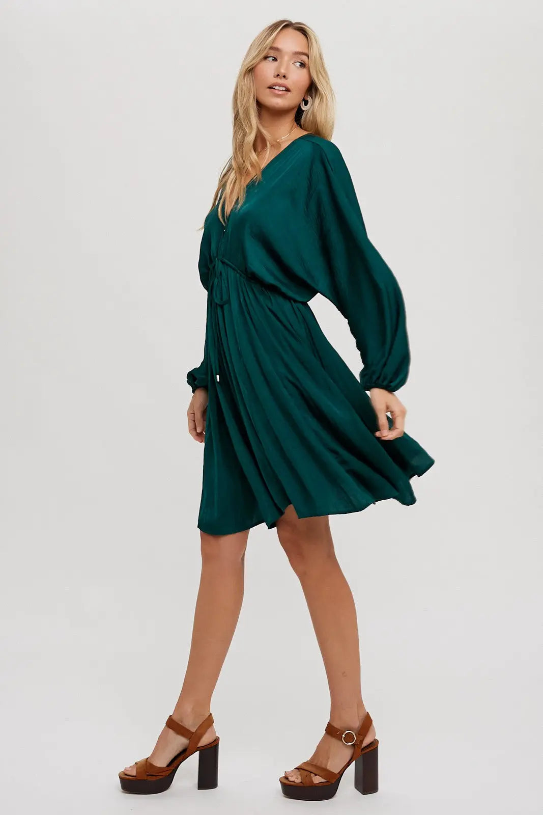Hunter Green Satin Open-Back Dolman Sleeved Dress PinkBlush