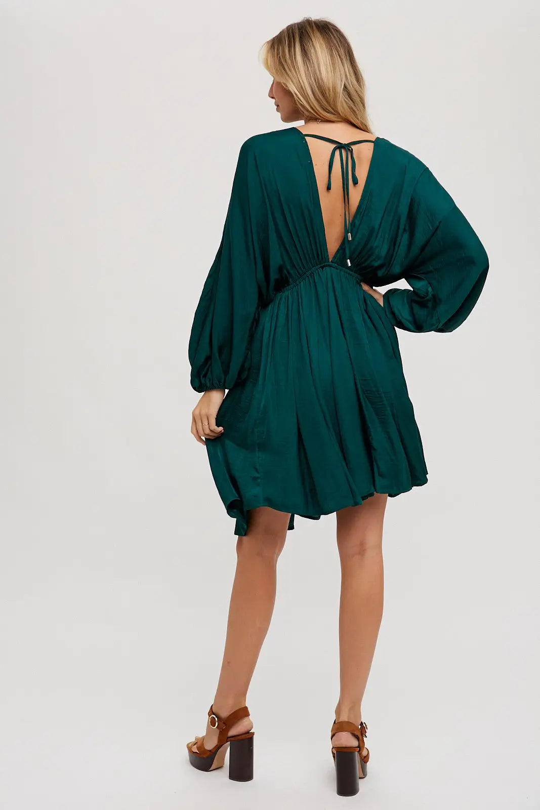 Hunter Green Satin Open-Back Dolman Sleeved Dress PinkBlush