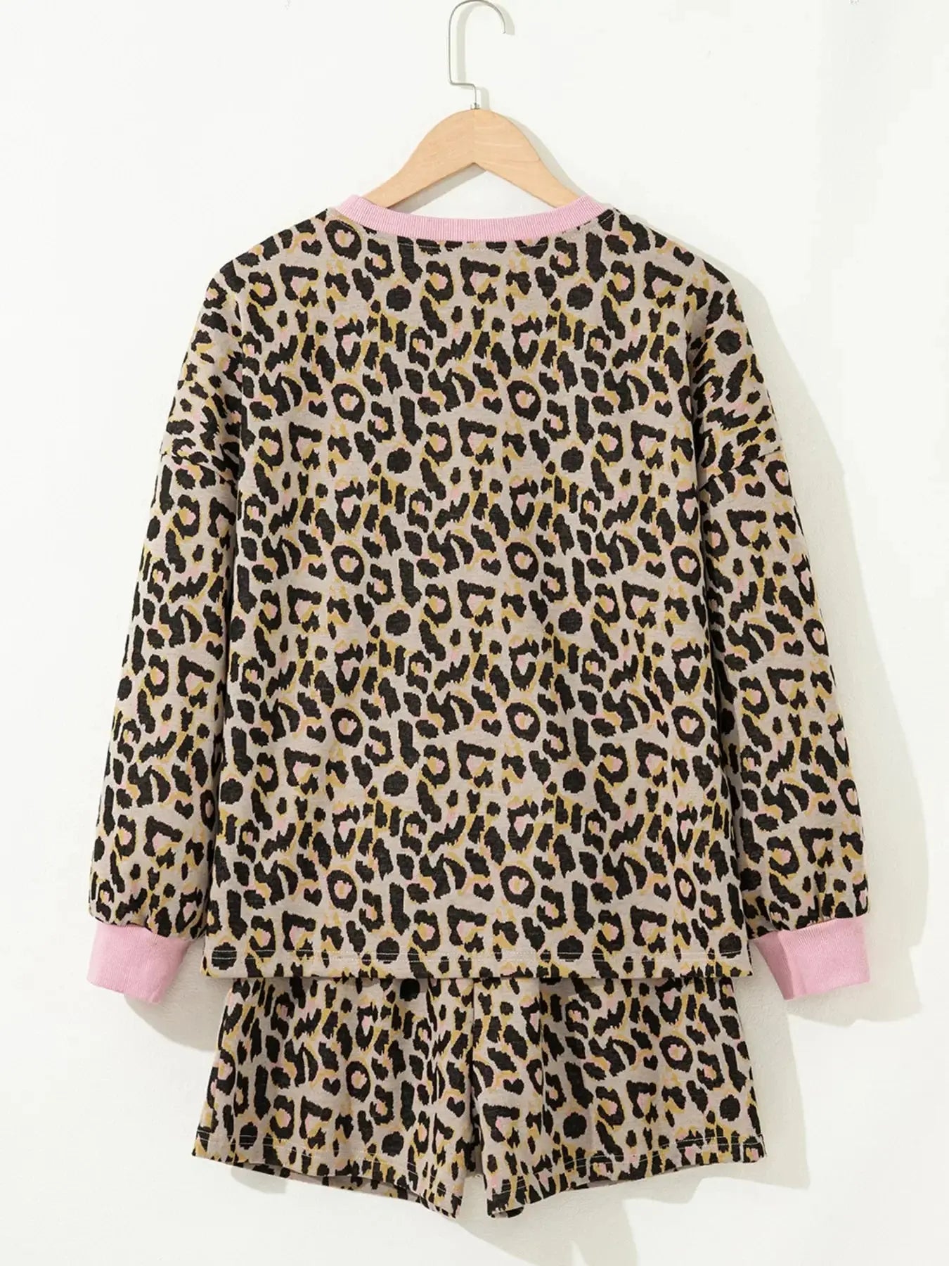 Leopard Print Lounge Set With Pink Trim Drawstring Shorts And Long Sleeve Top Simply Love