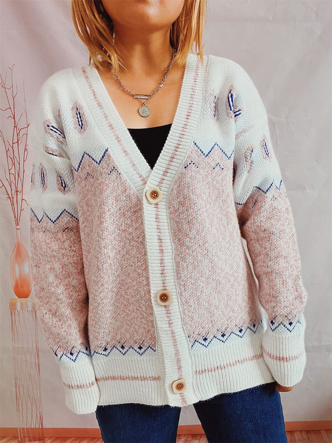 Geometric Button Front Long Sleeve Cardigan.