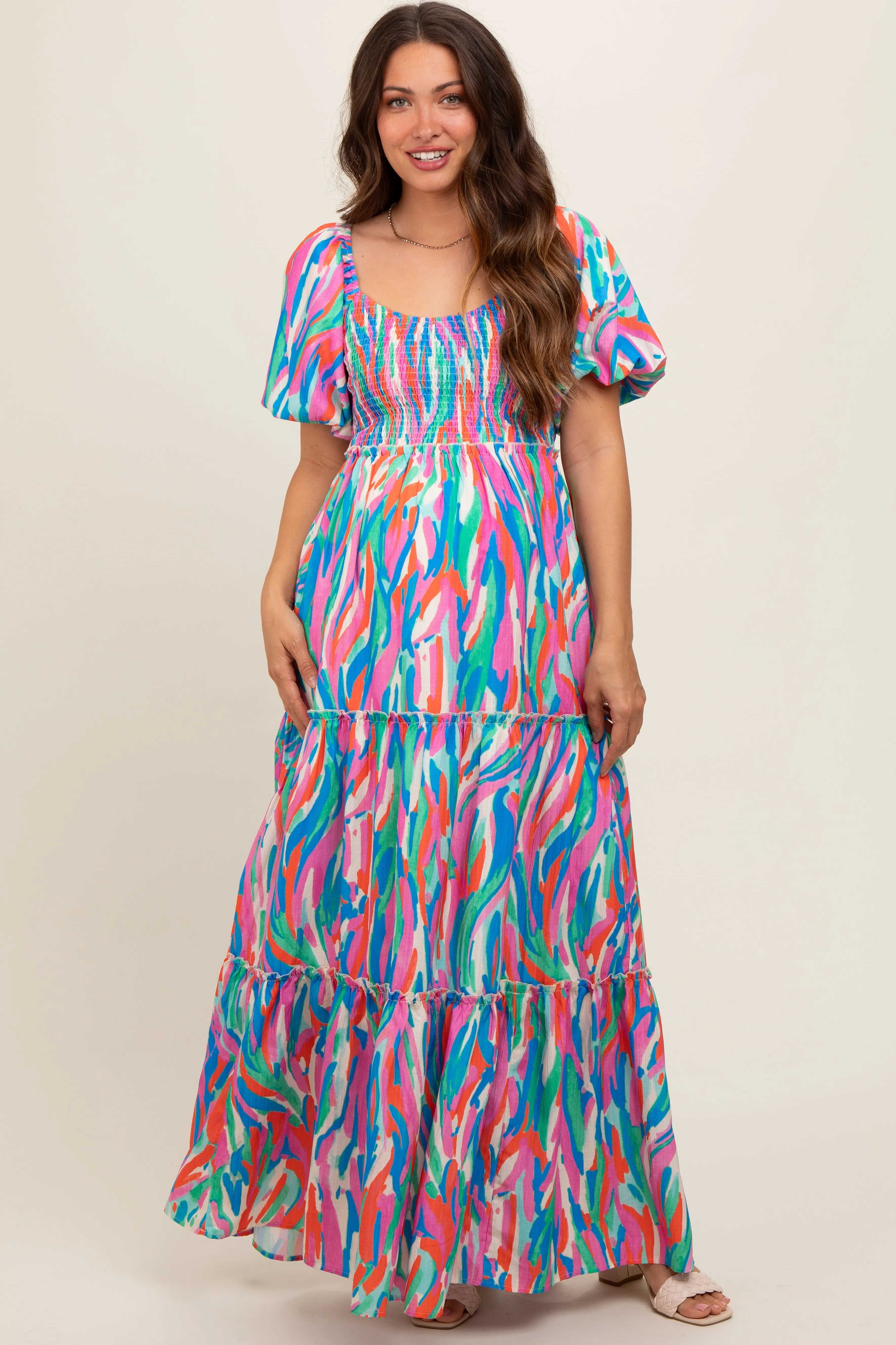 Blue Multi Color Print Puff Sleeve Maternity Maxi Dress PinkBlush