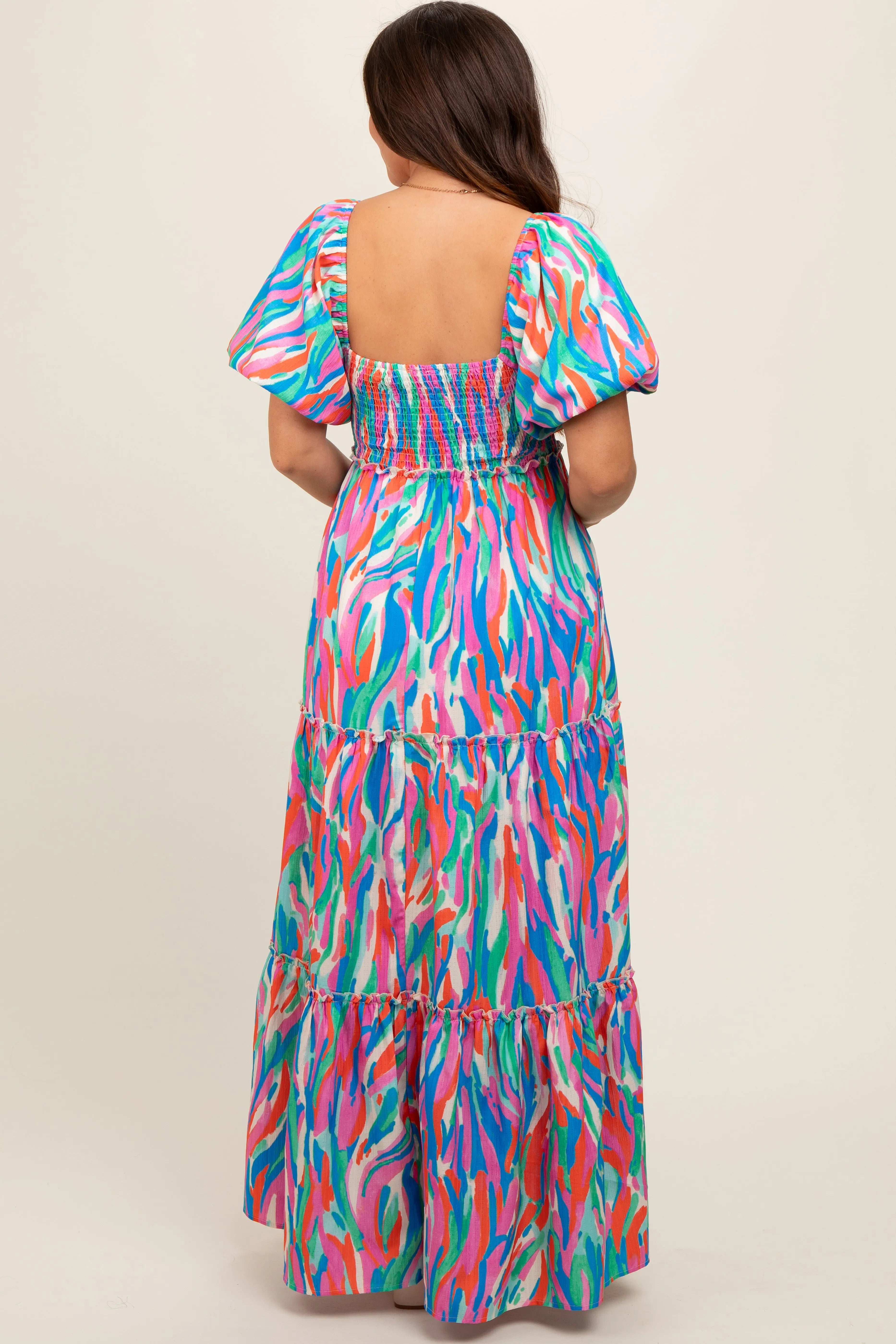 Blue Multi Color Print Puff Sleeve Maternity Maxi Dress PinkBlush
