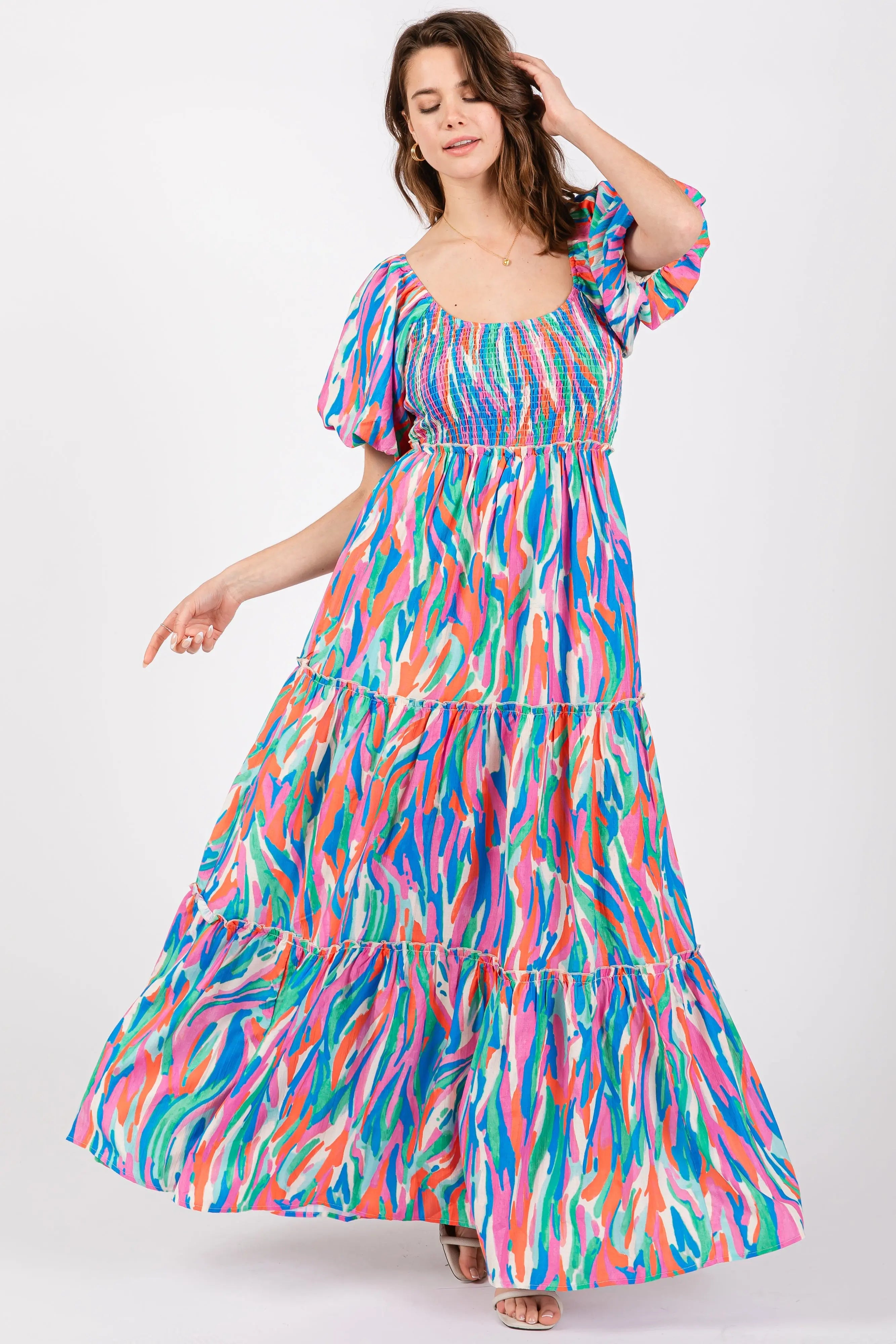Blue Multi Color Print Puff Sleeve Maternity Maxi Dress PinkBlush