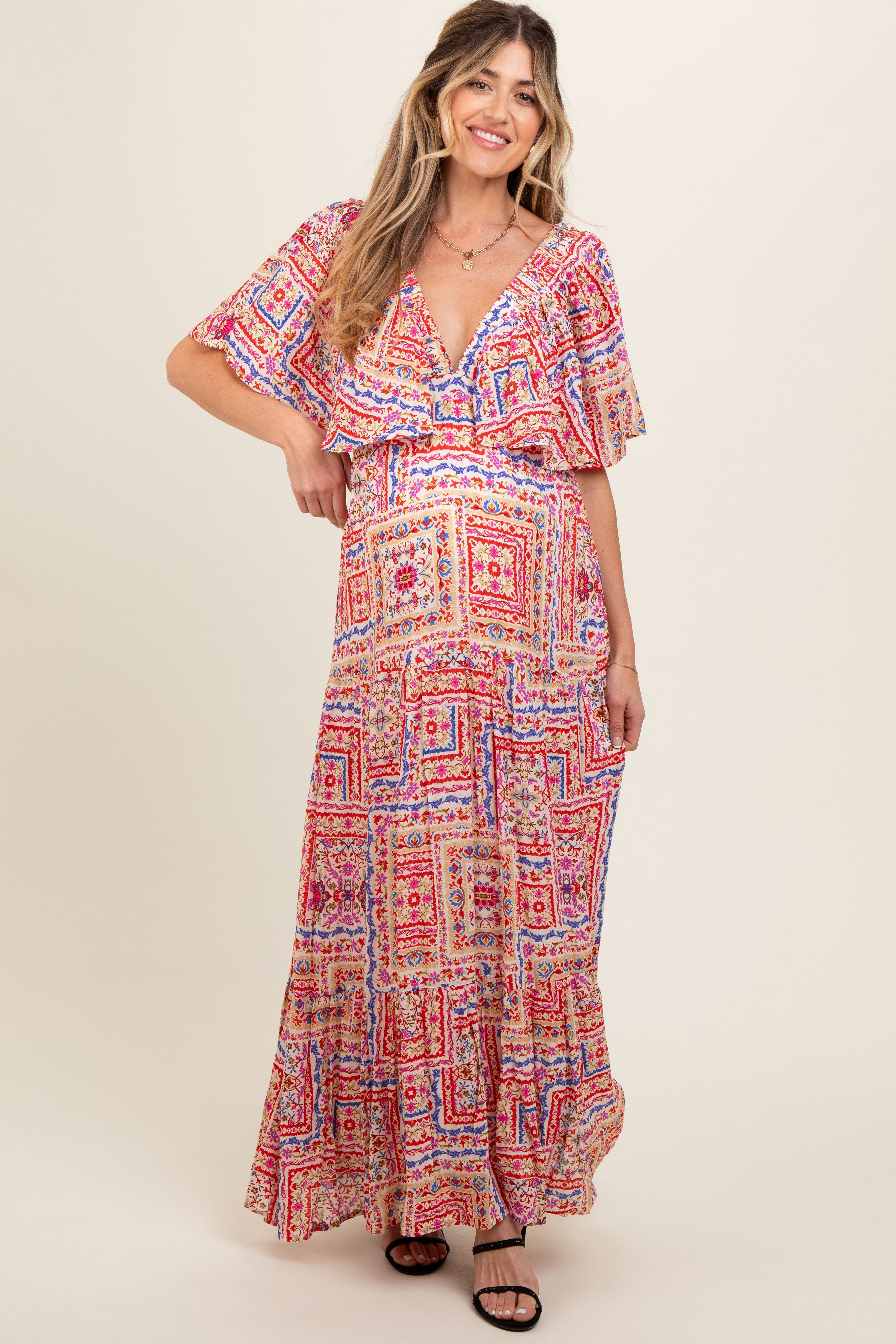 Multicolor Floral Deep V-Neck Tiered Maternity Maxi Dress PinkBlush