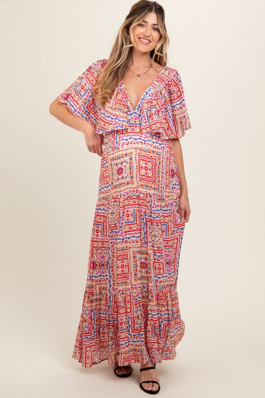 Multicolor Floral Deep V-Neck Tiered Maternity Maxi Dress PinkBlush