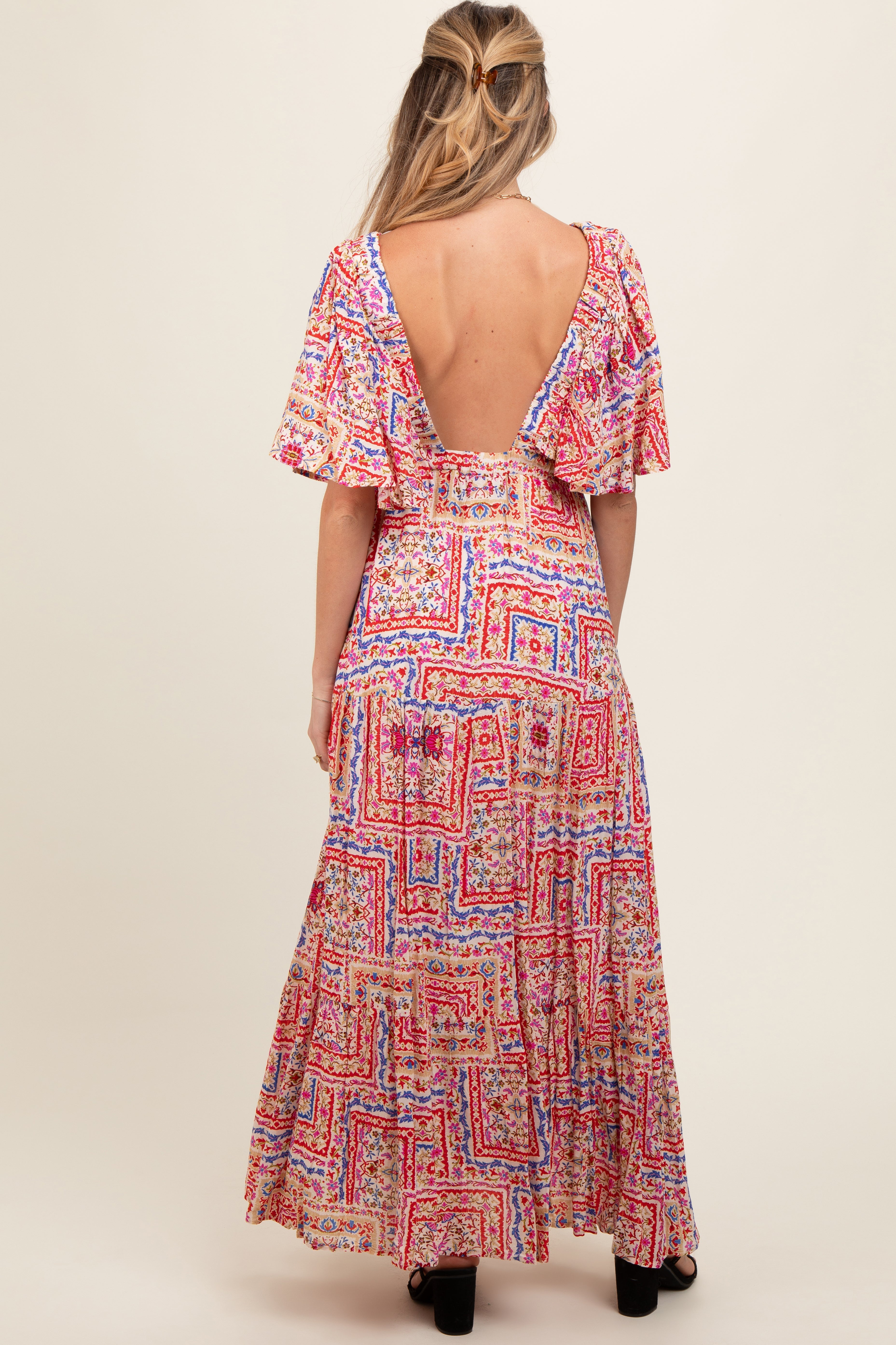 Multicolor Floral Deep V-Neck Tiered Maternity Maxi Dress PinkBlush