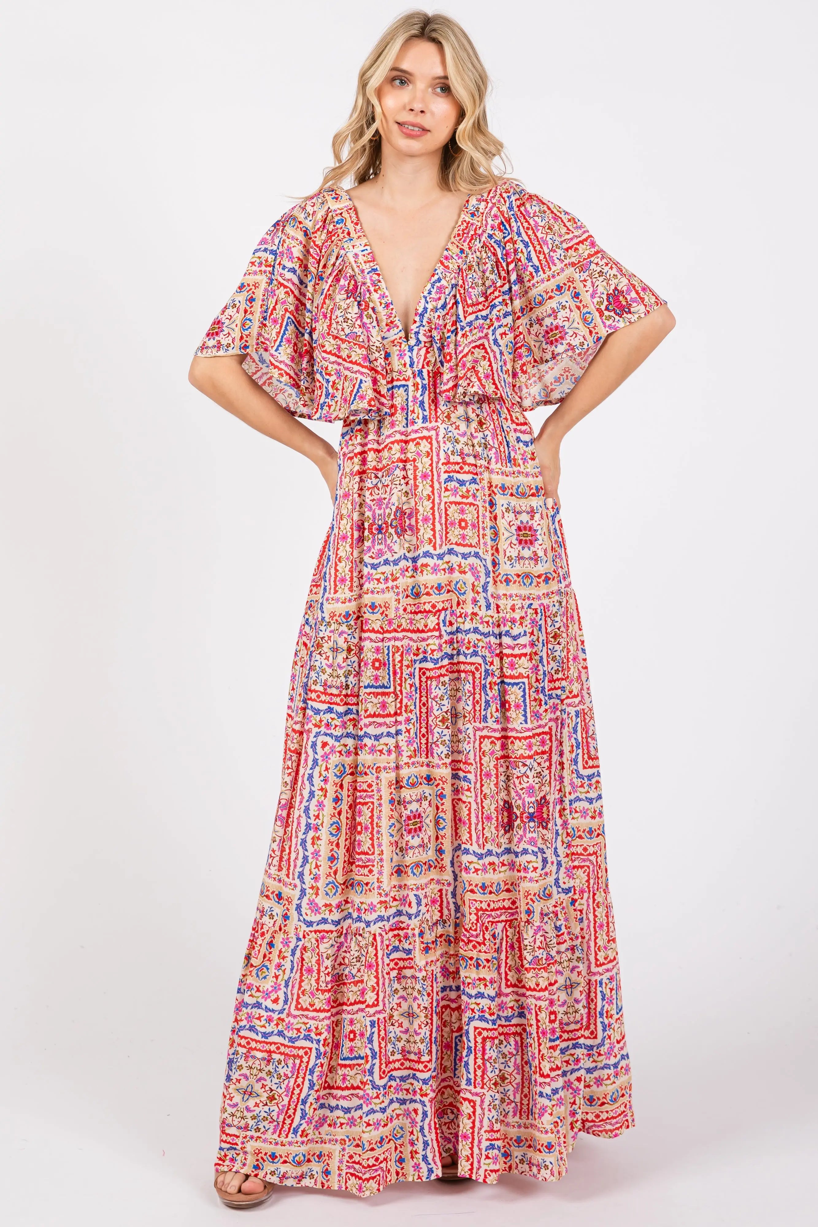 Multicolor Floral Deep V-Neck Tiered Maxi Dress PinkBlush