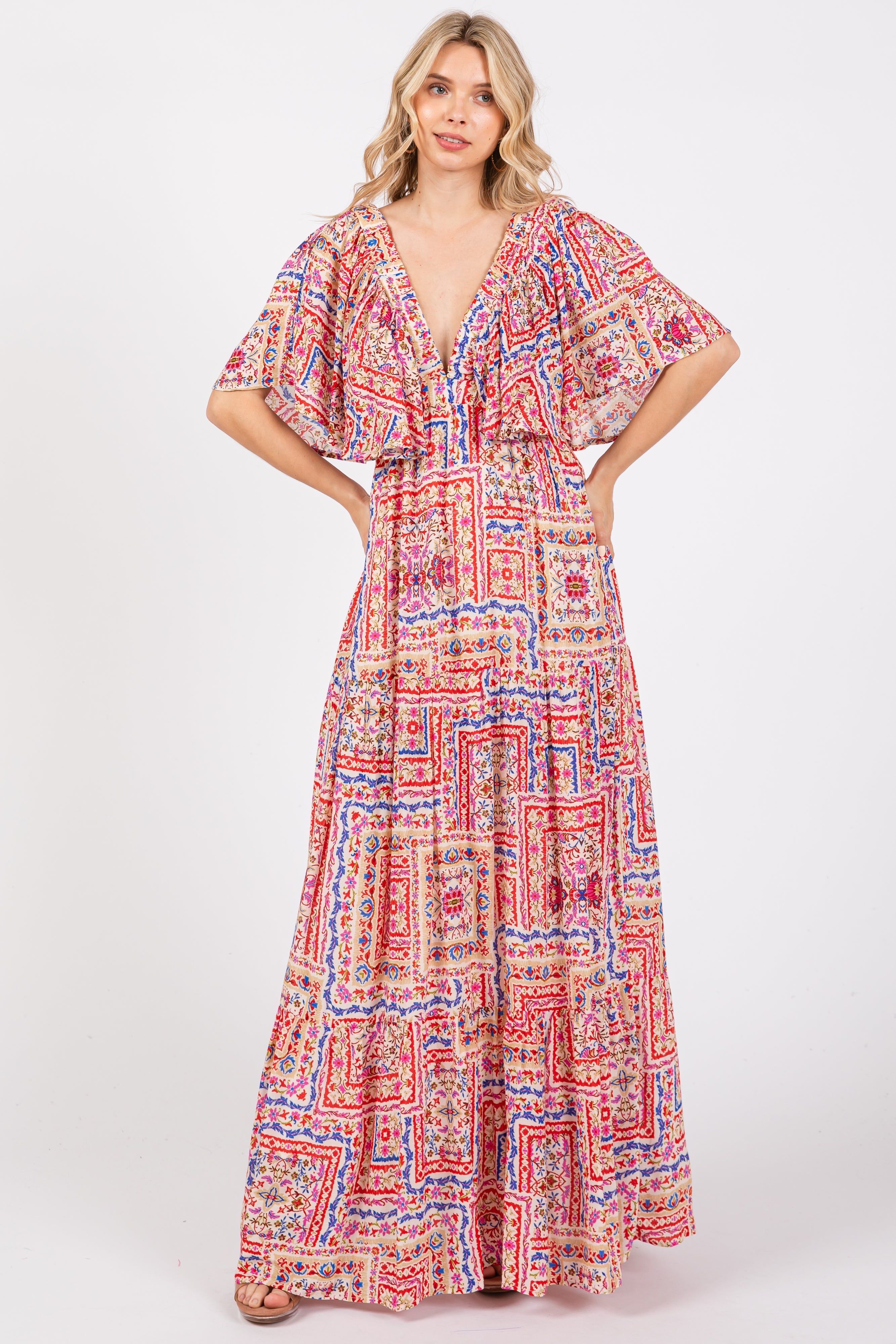 Multicolor Floral Deep V-Neck Tiered Maternity Maxi Dress PinkBlush