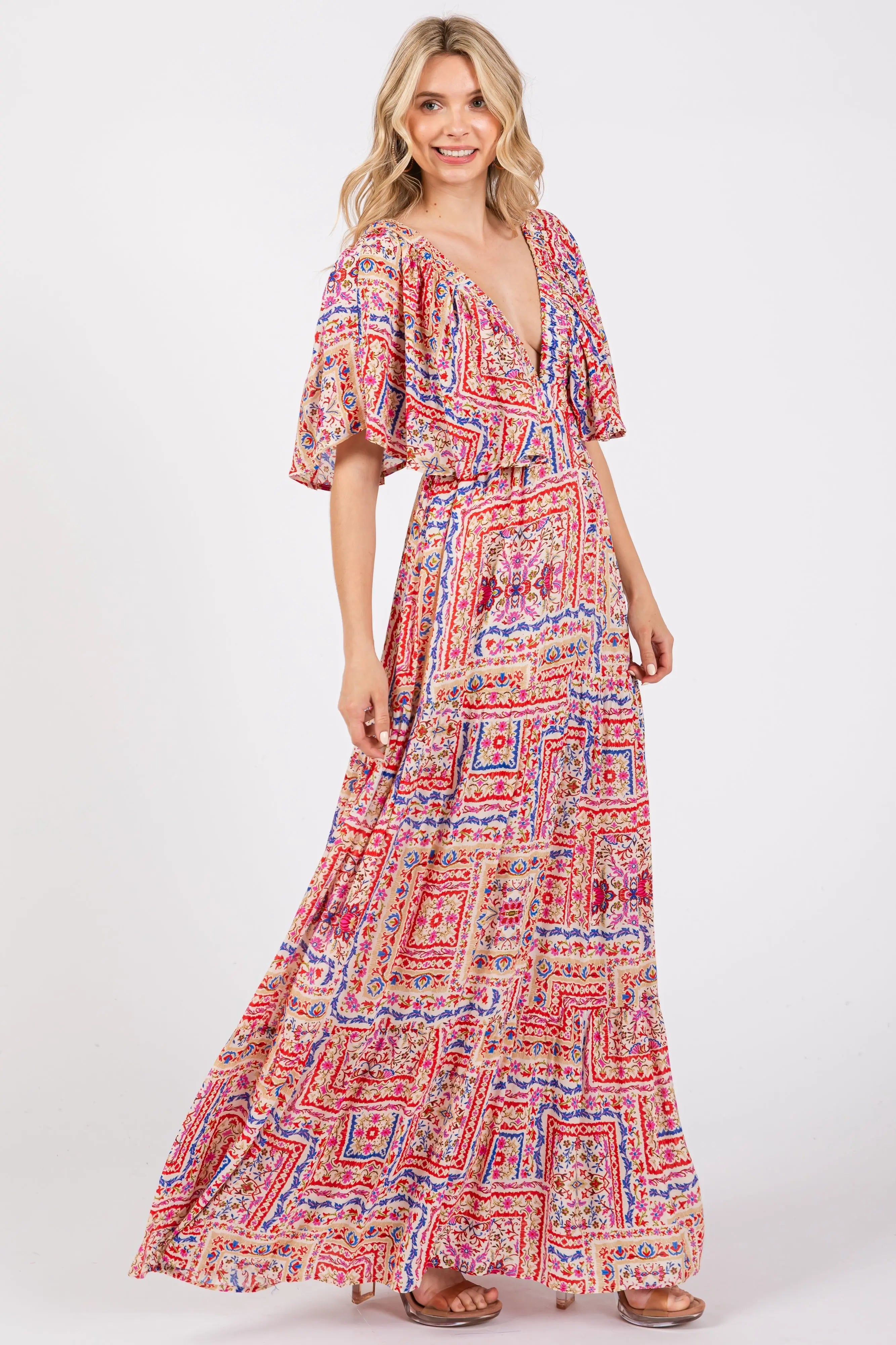 Multicolor Floral Deep V-Neck Tiered Maxi Dress PinkBlush