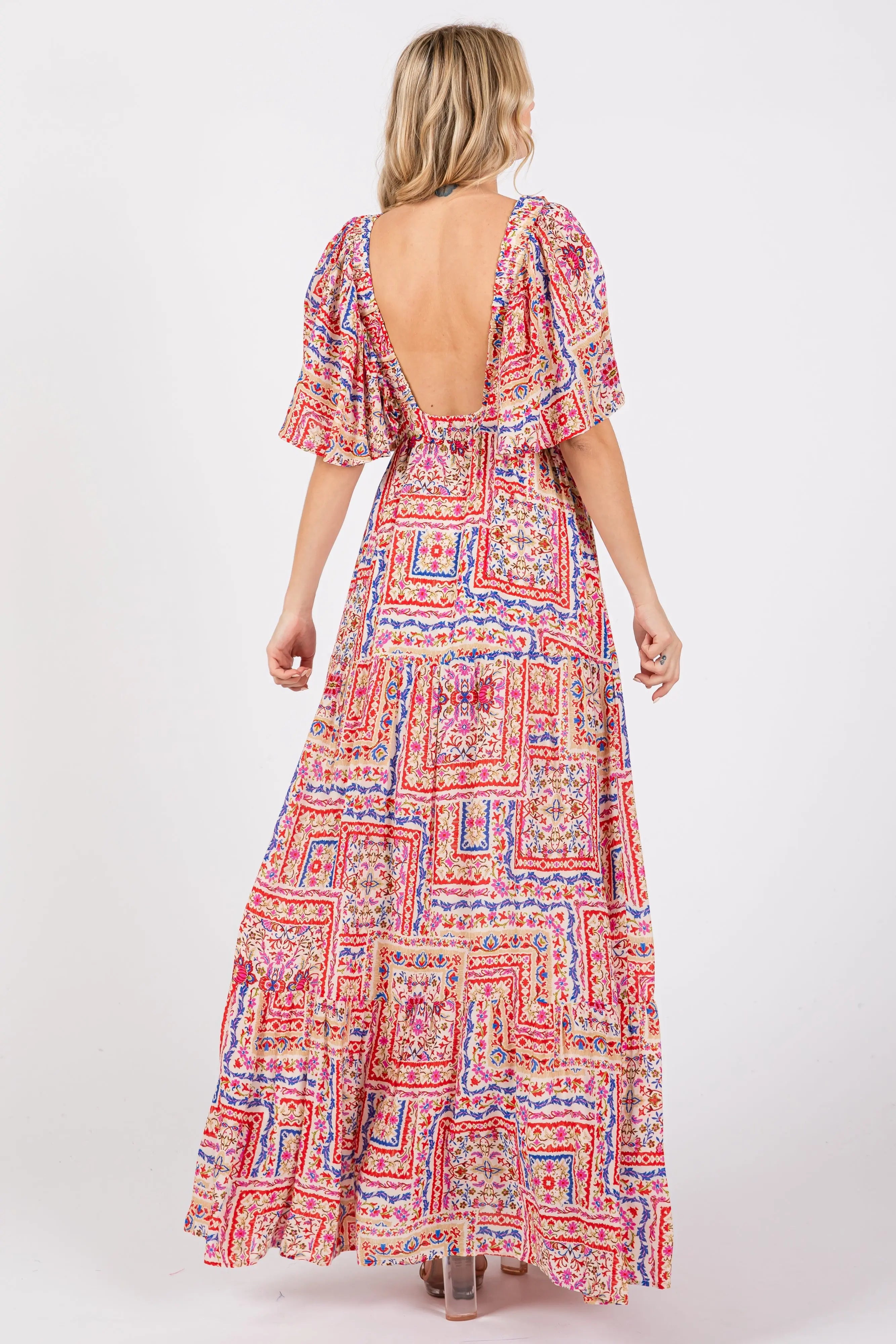 Multicolor Floral Deep V-Neck Tiered Maxi Dress PinkBlush