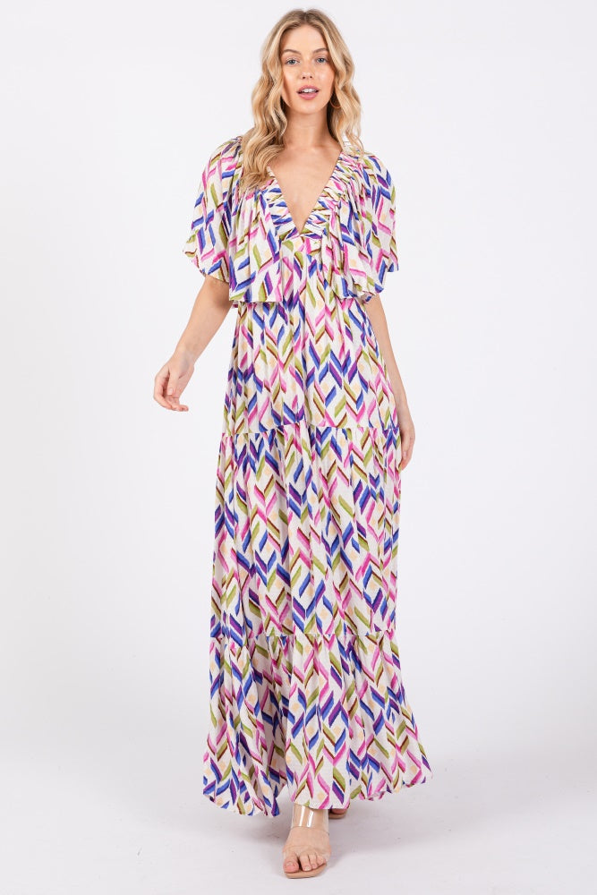 Multicolor Printed Deep V-Neck Tiered Maxi Dress PinkBlush
