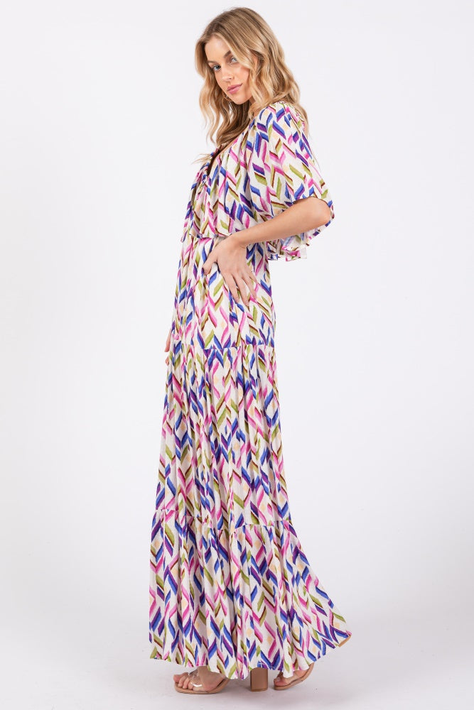Multicolor Printed Deep V-Neck Tiered Maxi Dress PinkBlush