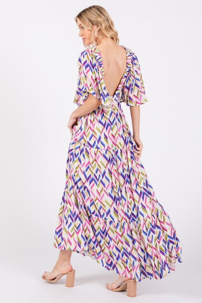 Multicolor Printed Deep V-Neck Tiered Maxi Dress PinkBlush
