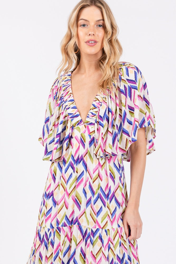 Multicolor Printed Deep V-Neck Tiered Maxi Dress PinkBlush