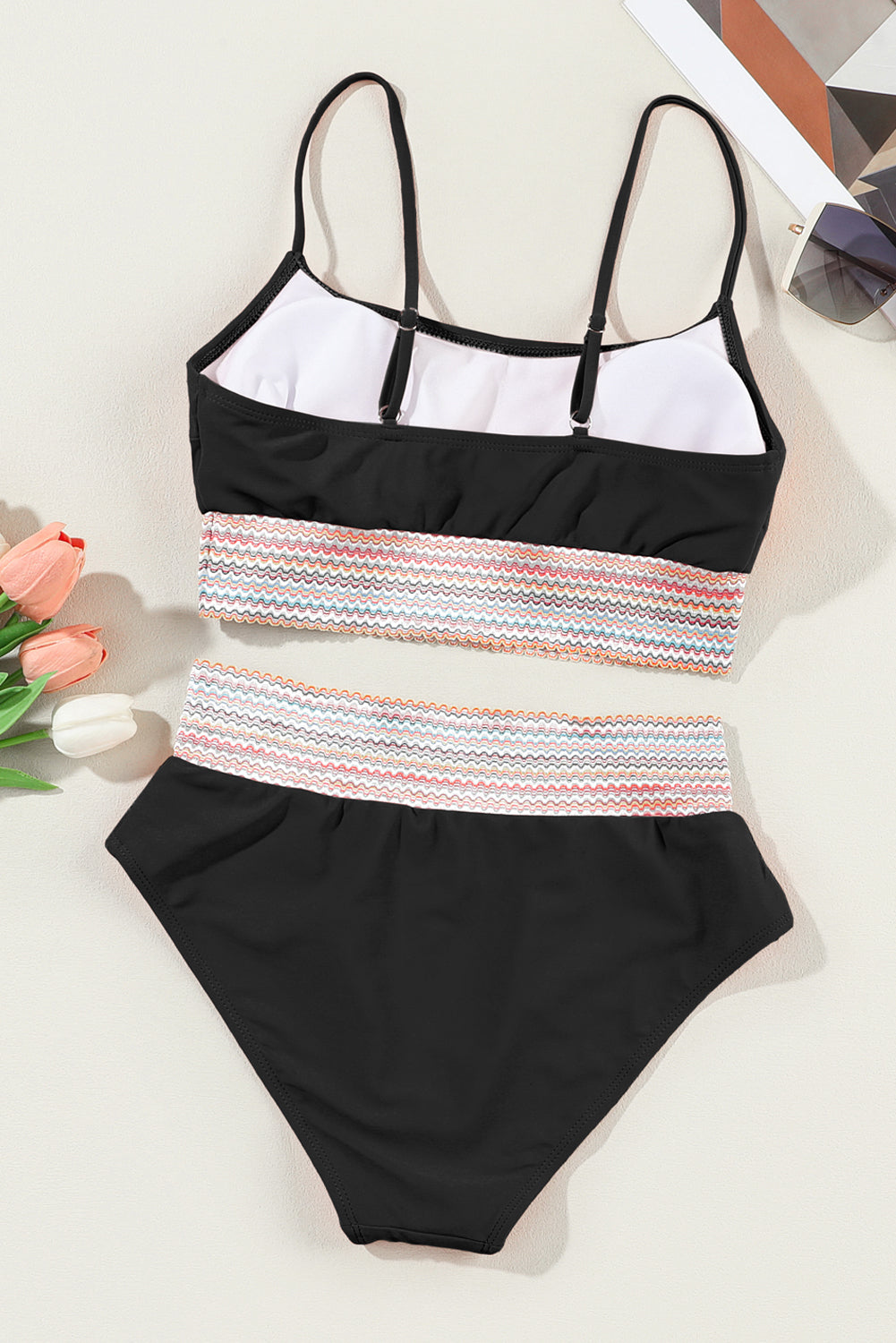 Trendy black striped high waist bikini with spaghetti straps and patchwork design