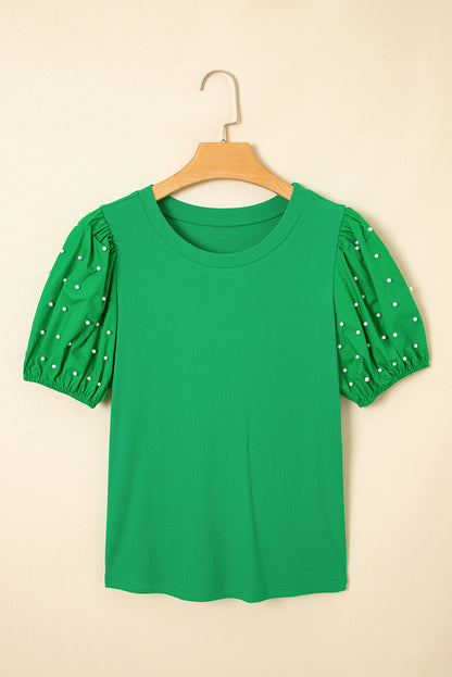 Bright Green Ribbed Pearl Beaded Puff Sleeve Top for Women