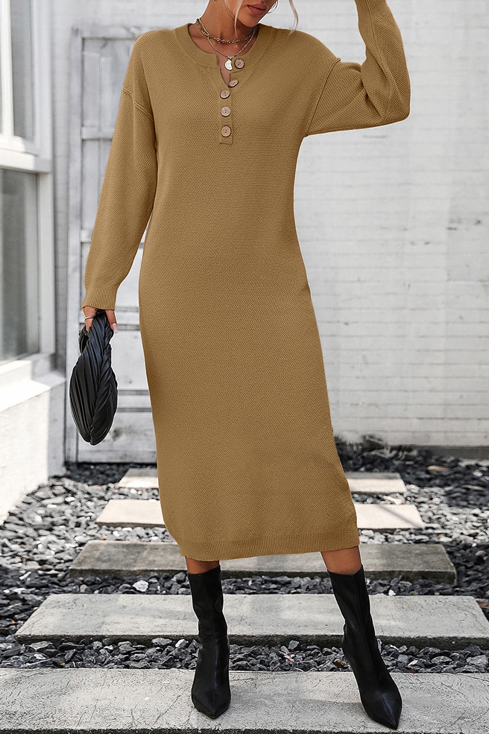 Decorative Button Notched Dropped Shoulder Sweater Dress.