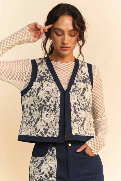 Davi and Dani Lace Patch Open Front Denim Vest - Love Salve 