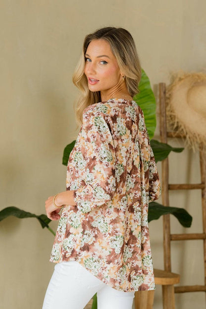 Floral Elegance Notched Neck Top - Wrinkle-Free Full Size