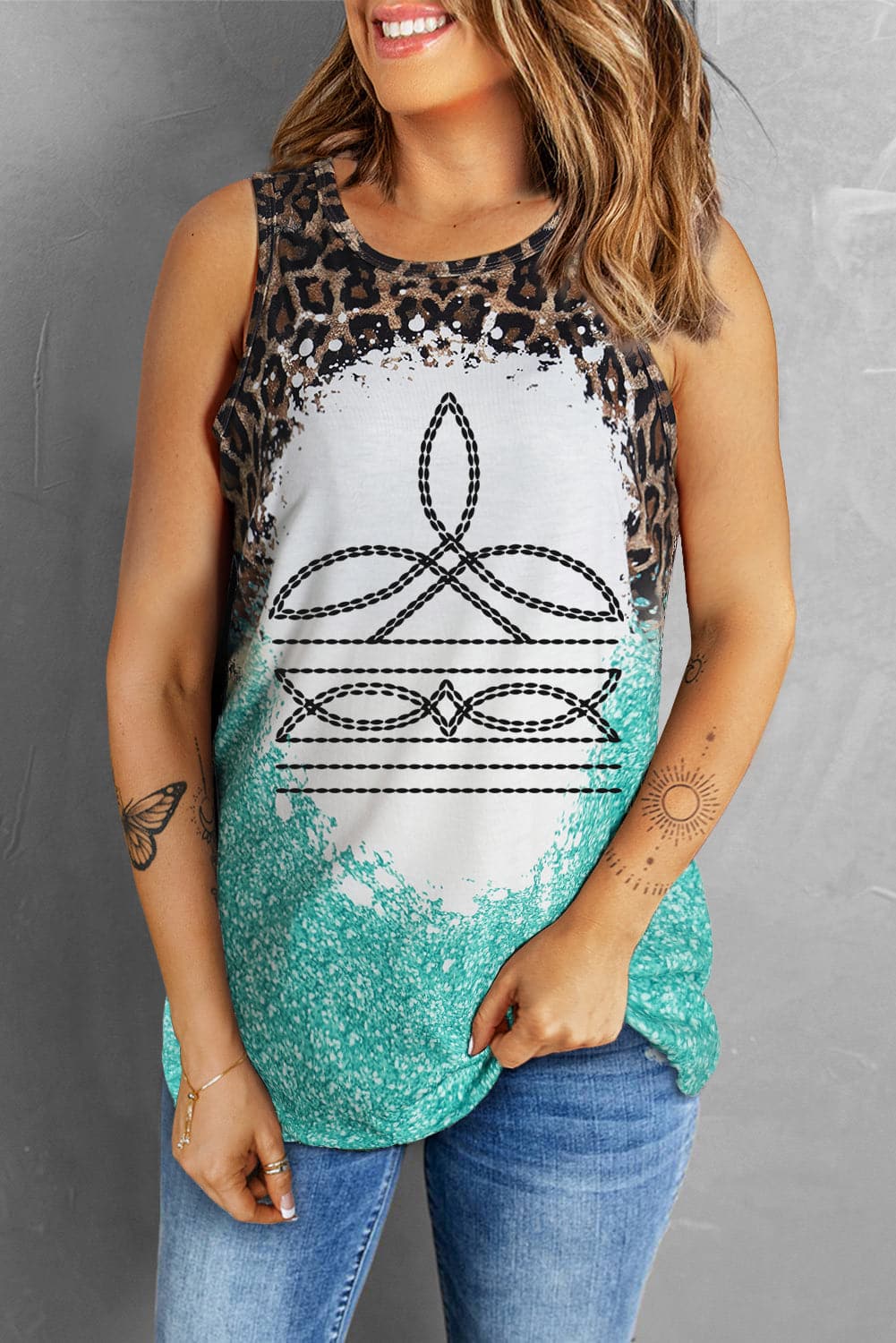 Leopard Geometric Round Neck Tank.