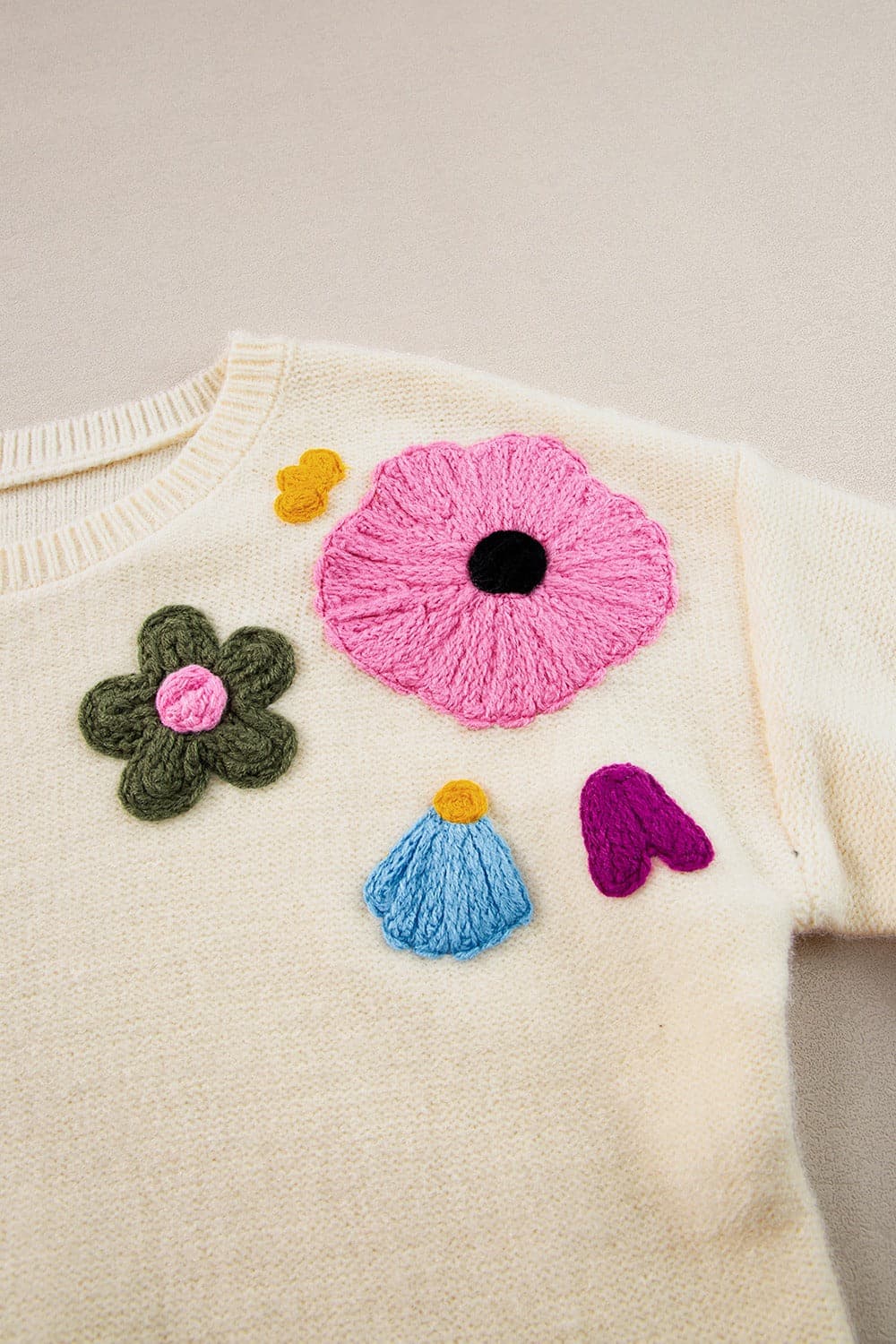 Crochet Flower Round Neck Dropped Shoulder Sweater.