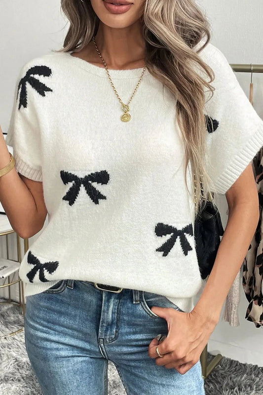 Bow Pattern Knit Short Sleeve Sweater Simply Love