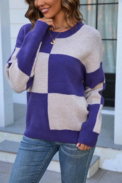 Color Block Round Neck Dropped Shoulder Sweater.