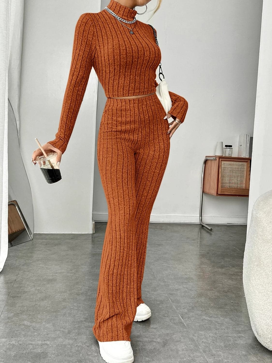 Ribbed Mock Neck Long Sleeve Top and Pants Set.