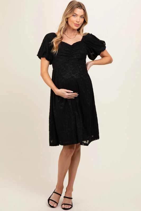 Black Lace Puff Sleeve Maternity Dress PinkBlush