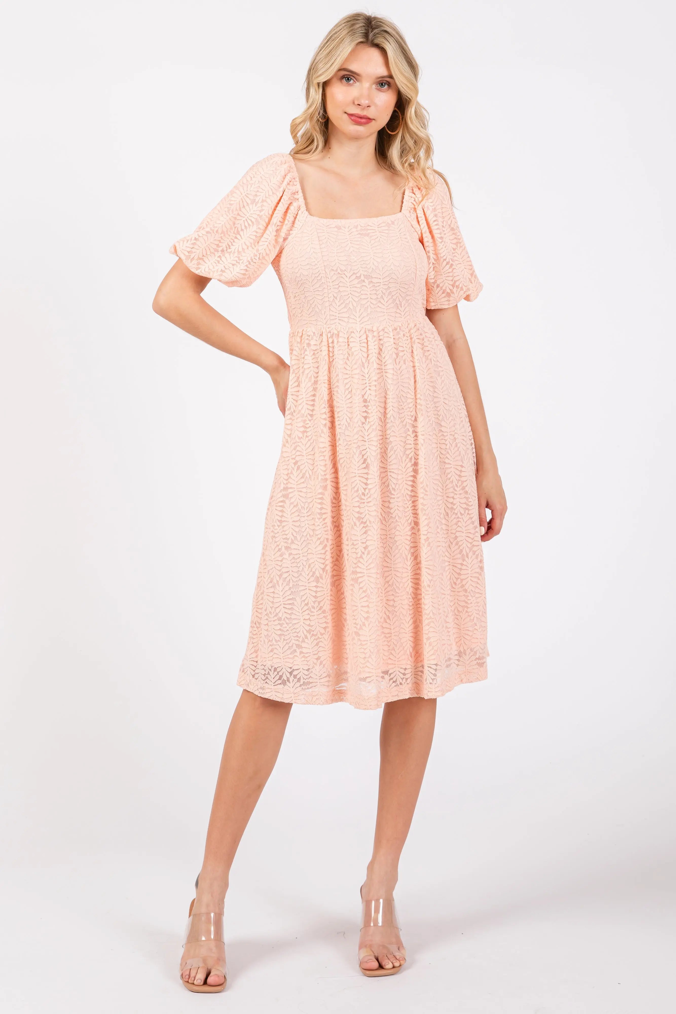 Peach Lace Square Neck Maternity Dress PinkBlush