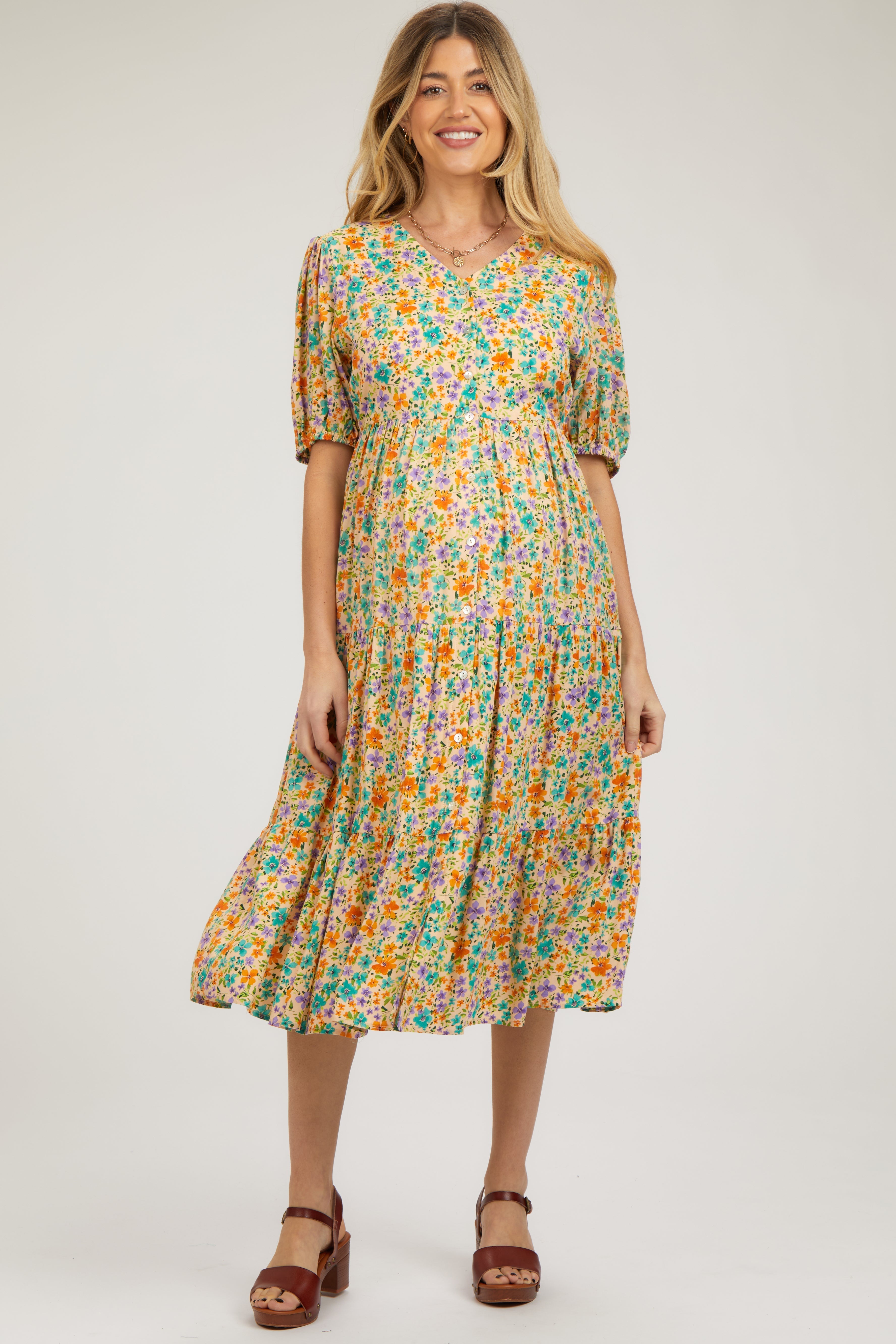 Beige Floral Button Front Ruffle Hem Maternity Midi Dress PinkBlush