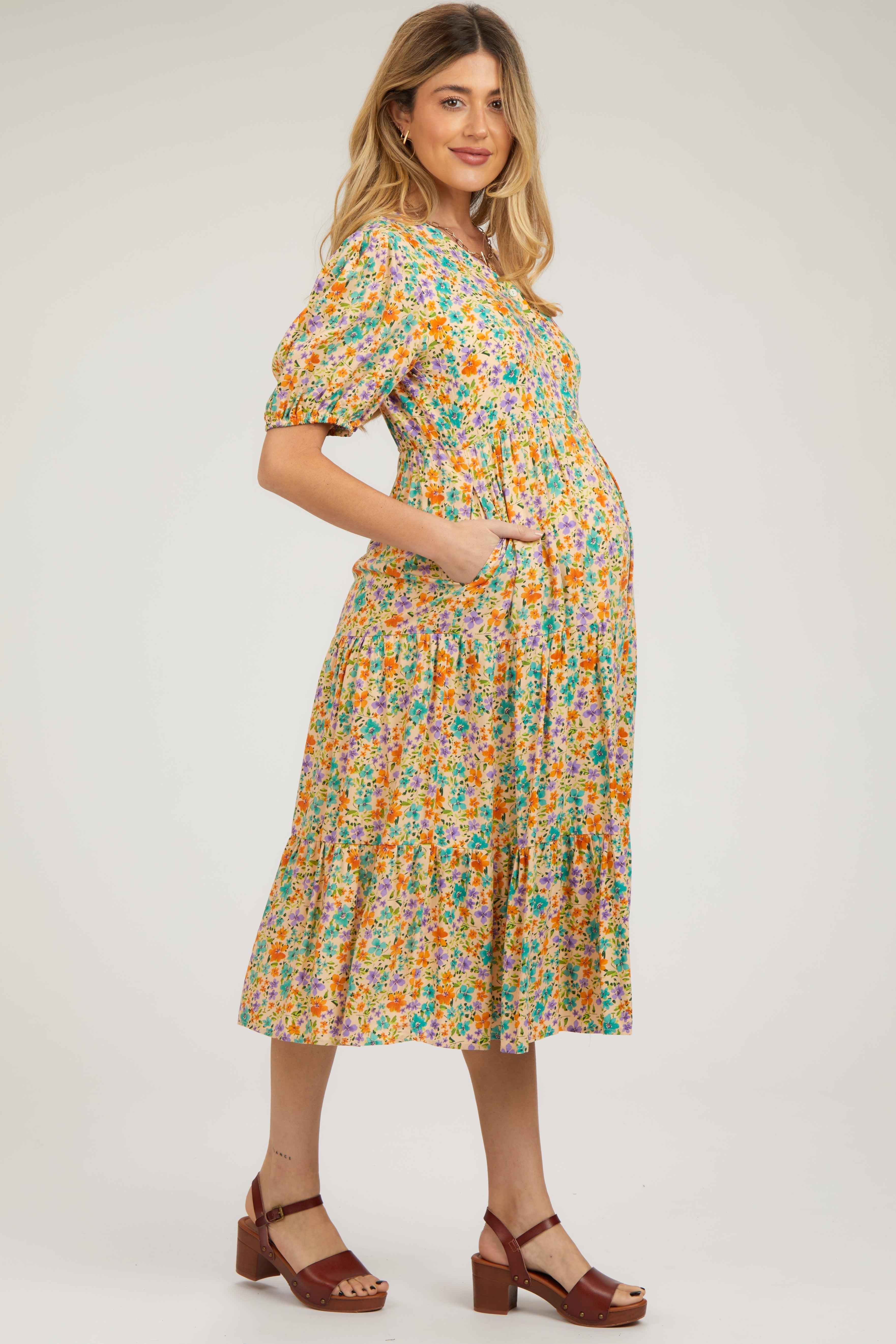 Beige Floral Button Front Ruffle Hem Maternity Midi Dress PinkBlush