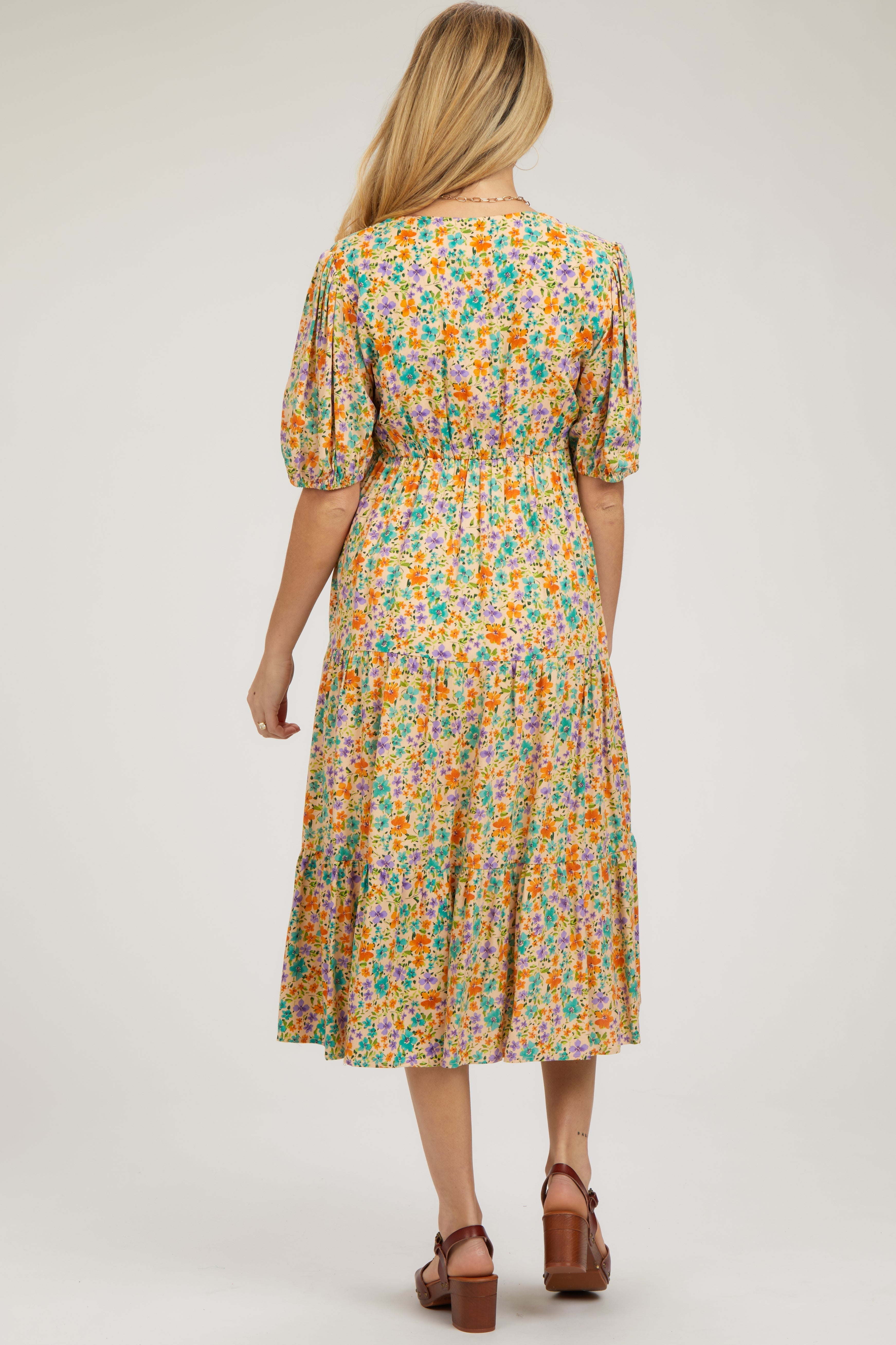 Beige Floral Button Front Ruffle Hem Maternity Midi Dress PinkBlush