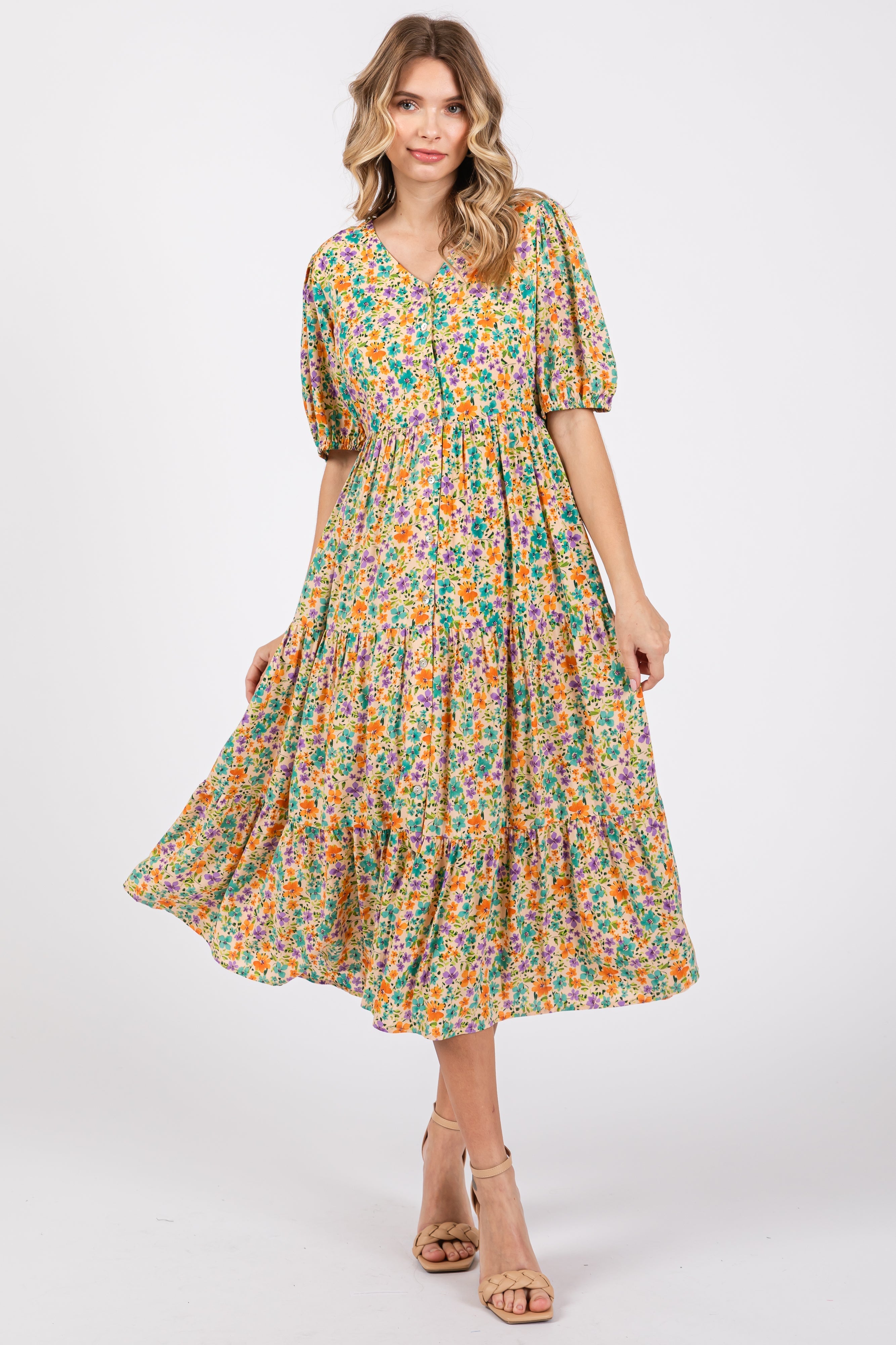Beige Floral Button Front Ruffle Hem Maternity Midi Dress PinkBlush