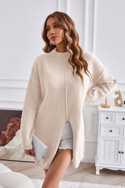 Exposed Seam Mock Neck Slit Sweater.