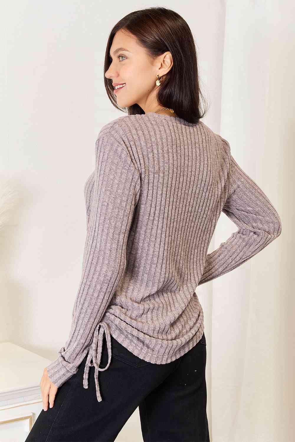 Double Take Drawstring Ribbed Long Sleeve T-Shirt - Love Salve