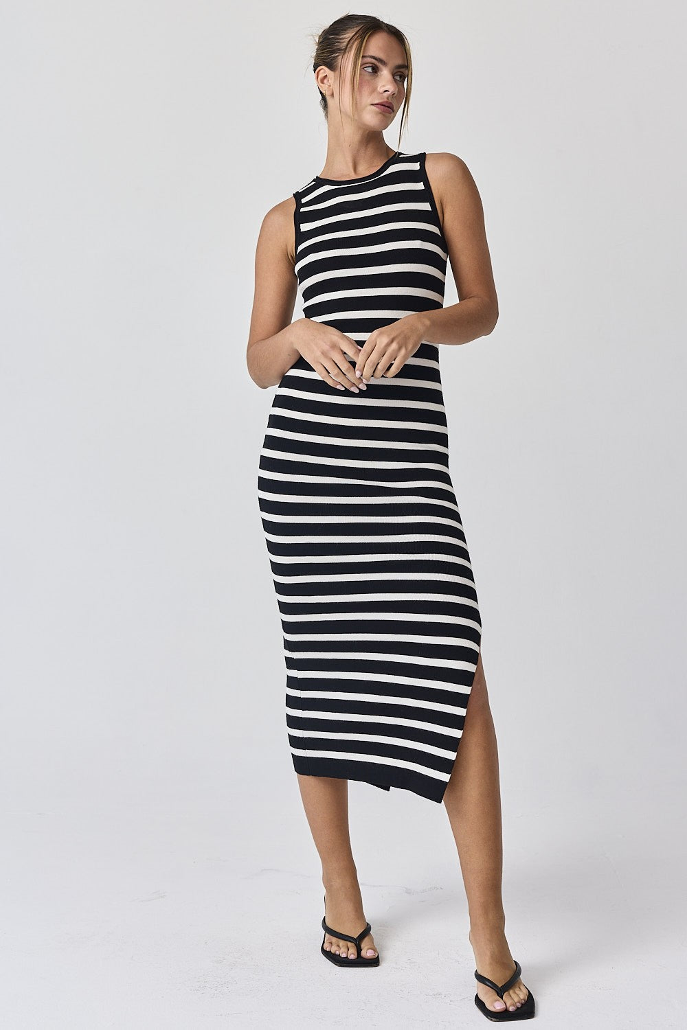 PinkBlush Black White Striped Knit Sleeveless Side Slit Maternity Midi Dress - Full View