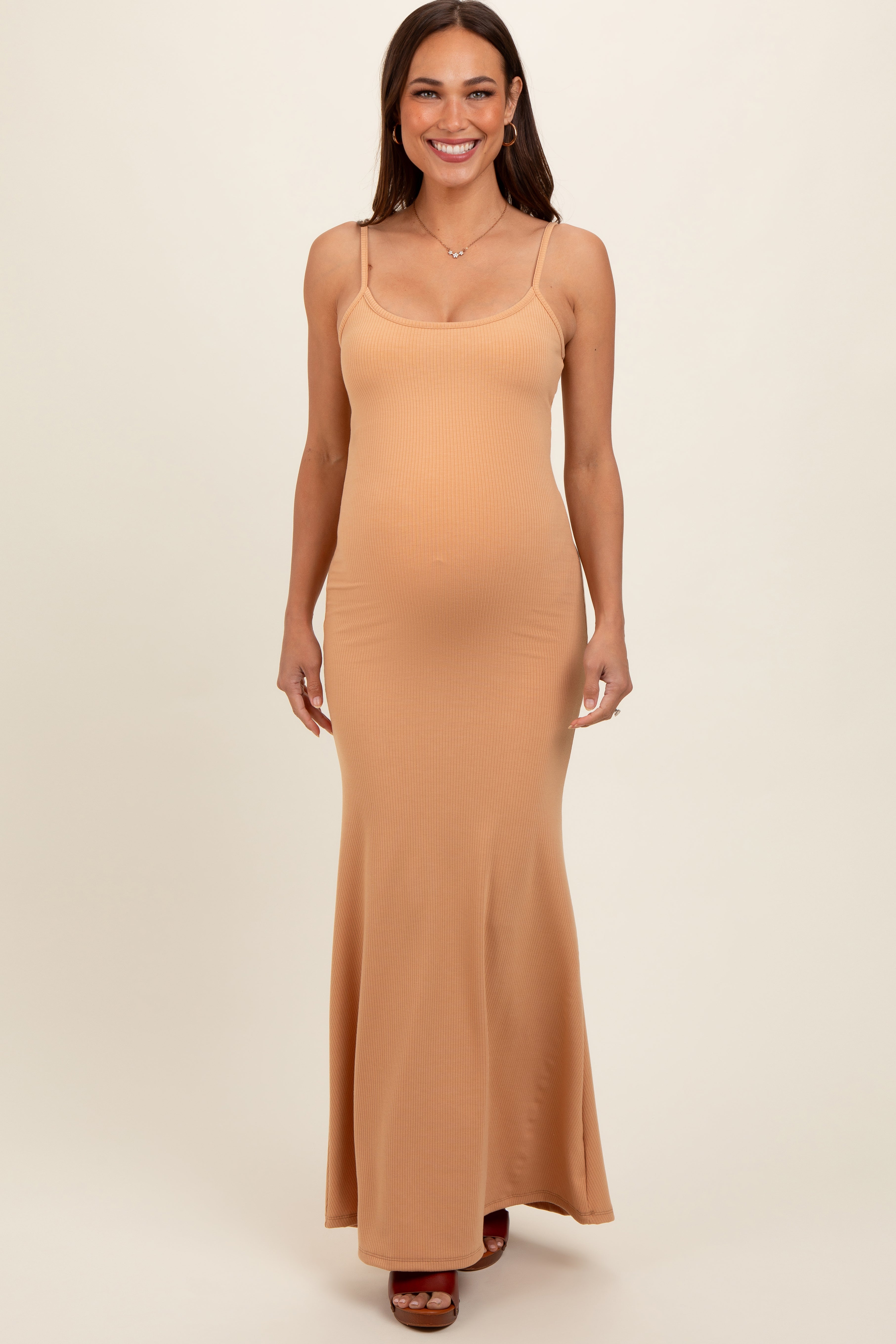 Camel Sleeveless Ribbed Maternity Maxi Dress PinkBlush